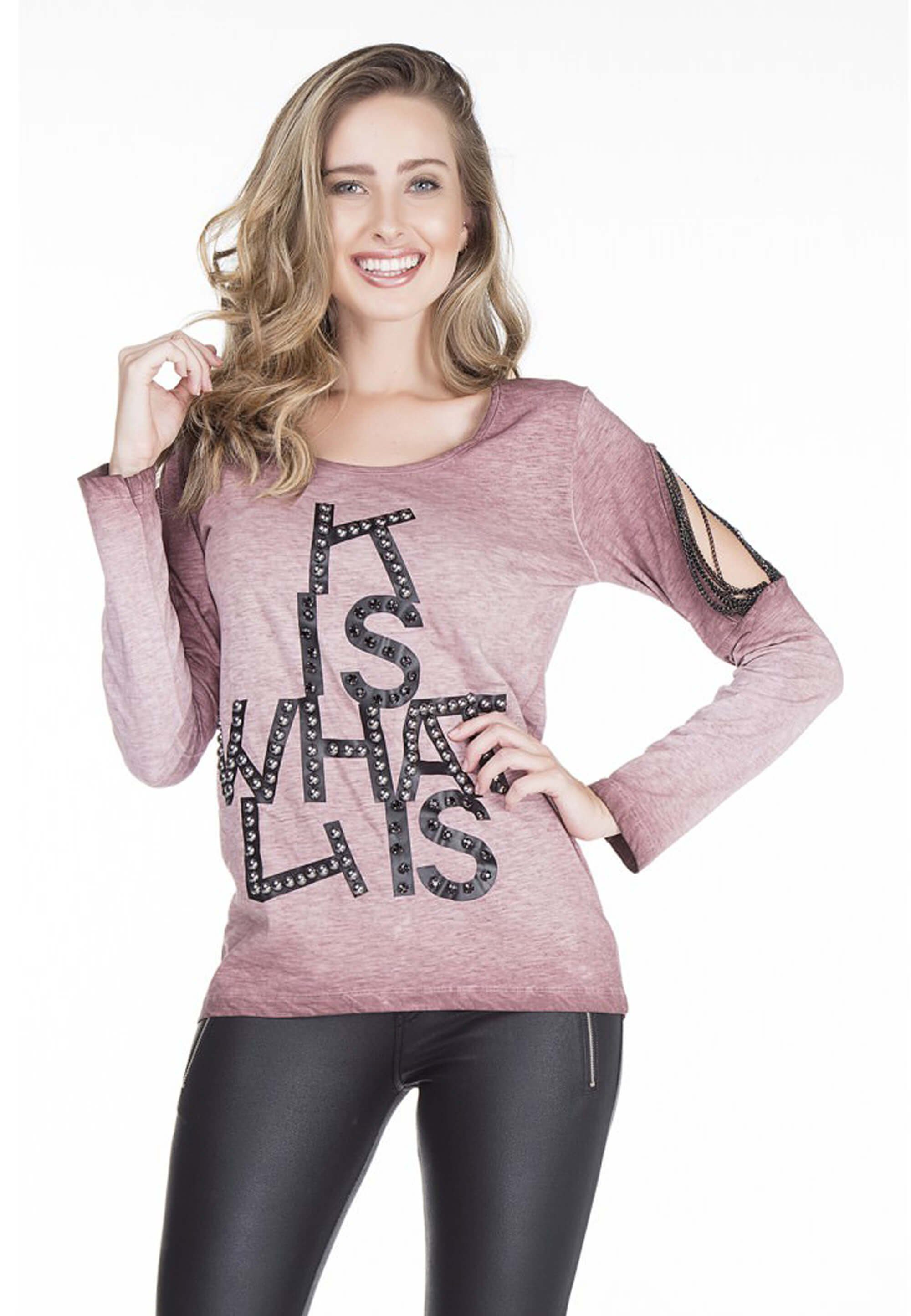 Cipo & Baxx Langarmshirt in lässigem Metallic-Style rosa | T-Shirts