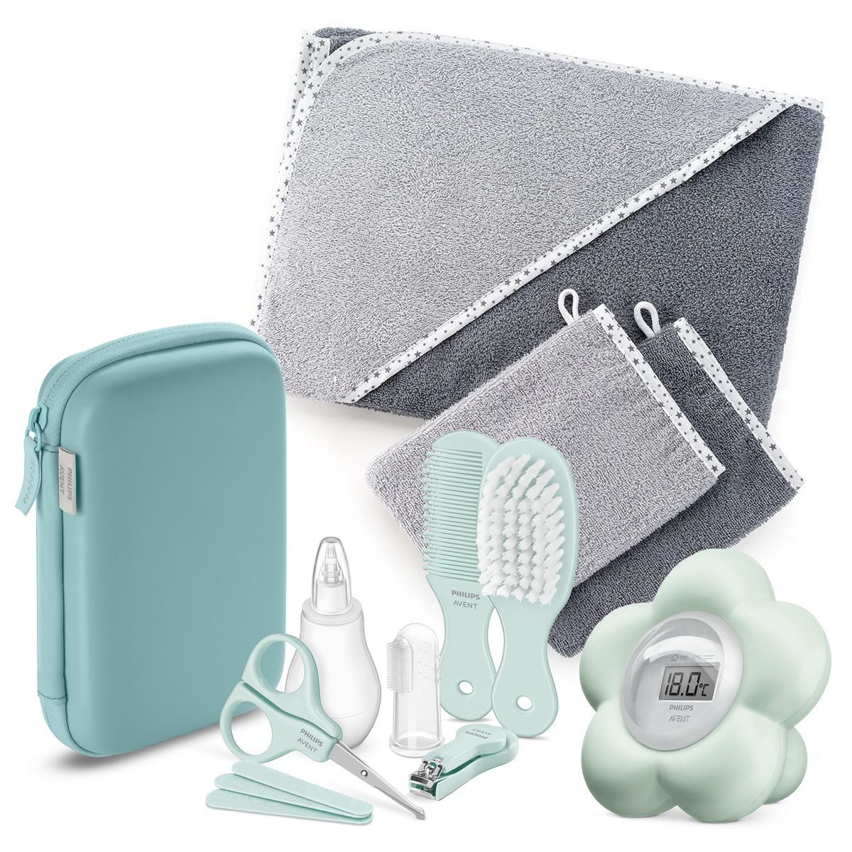 Philips AVENT Baby-Nagelschere Premium Pflege Set, Badethermometer, Gesundheitsset, Kapuzenbadetuch, 2 Waschhandschuhe