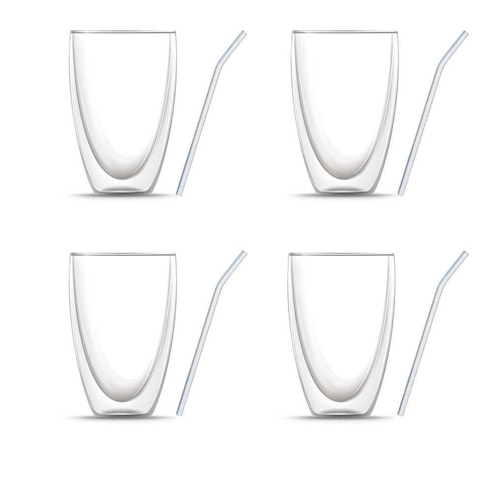 BEM Thermoglas 8-er Gläser Set, Borosilikatglas, 4 x Doppelwandige Kaffeegläser (je 440 ml) und 4 x Glasstrohhalme