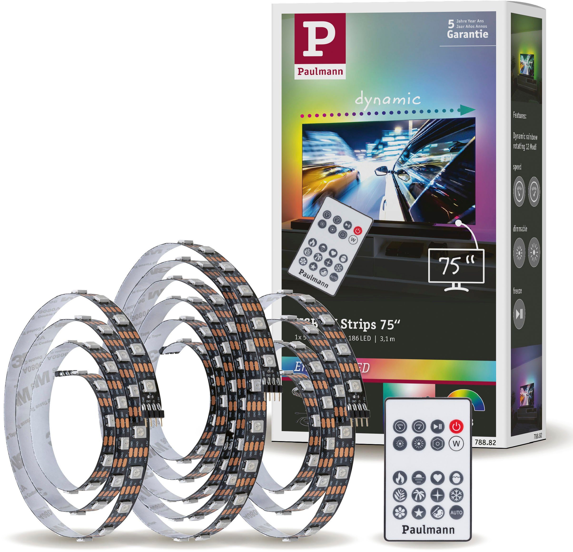 Farbwechselfunktion 1-flammig, Zoll TV-Beleuchtung Streifen 3,1m LED LED-Streifen Dynamic 75 Paulmann mit stimmungsvollen RGB Strip 5W, USB Rainbow LED