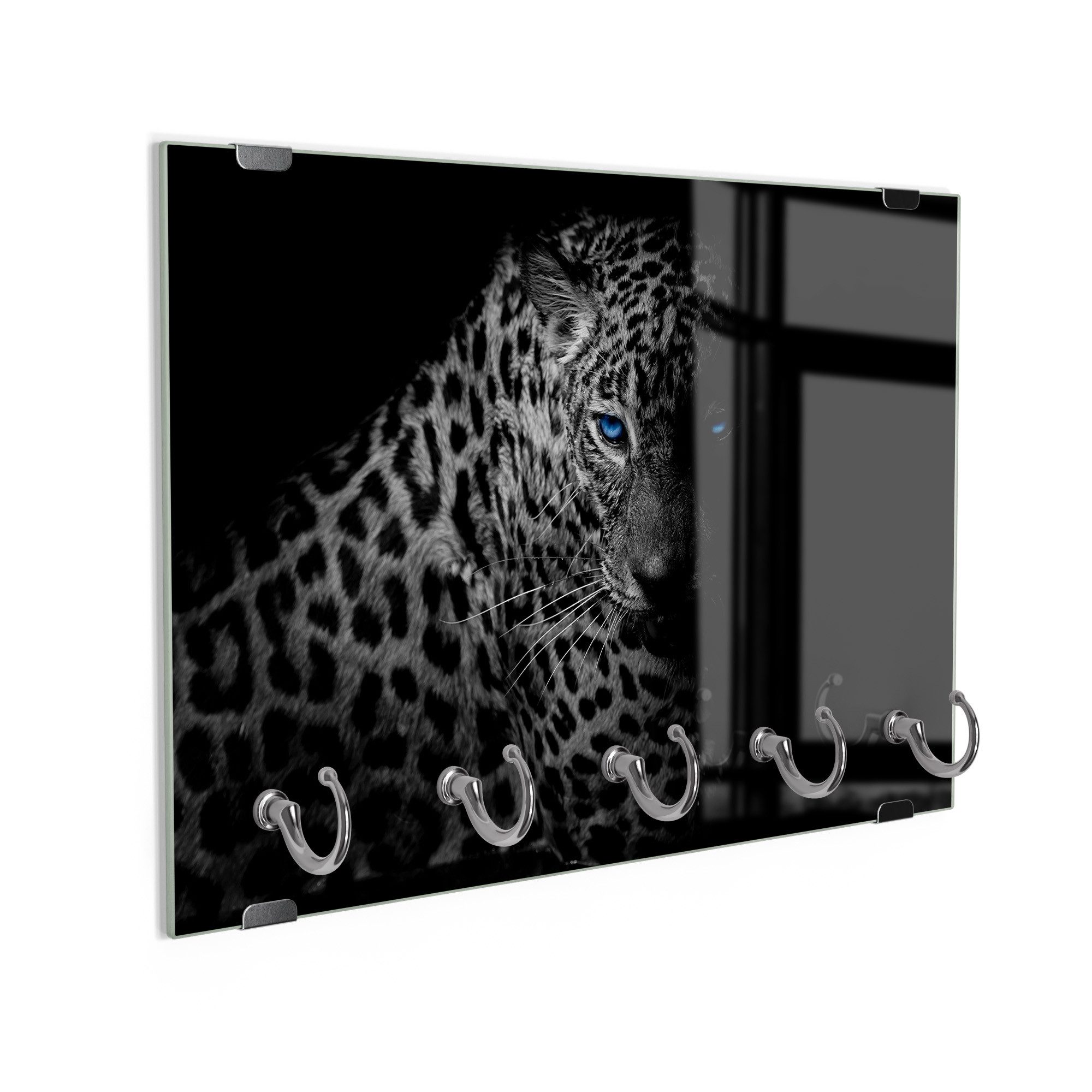 DEQORI Schlüsselbrett 'Leopard mit blauen Augen', (1 St), Schlüsselhalter Schlüssel Haken Schlüsselboard modern Schlüsselleiste