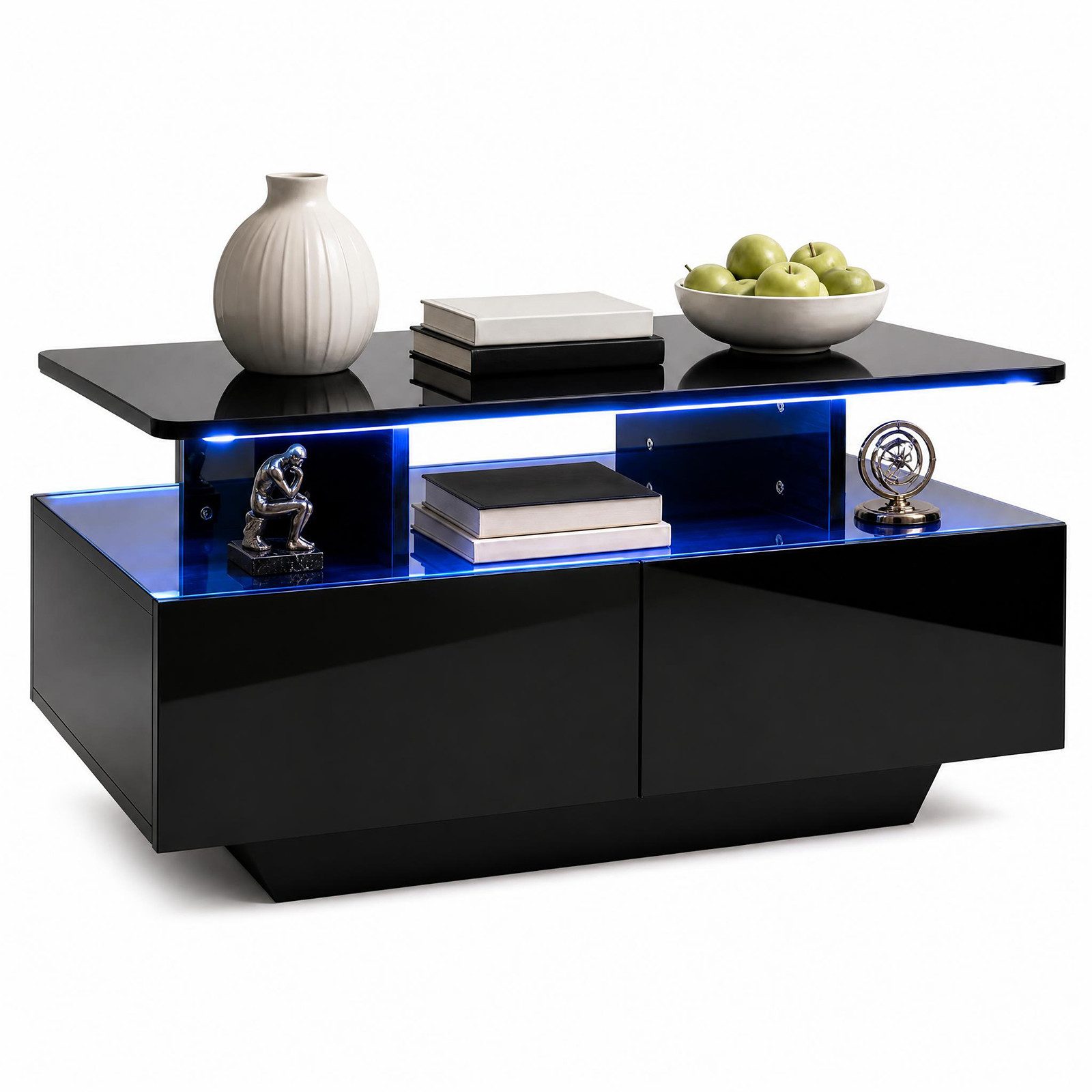COSTWAY Couchtisch mit LED-Beleuchtung, Wohnzimmertisch mit 4 Schubladen & offener Ablage