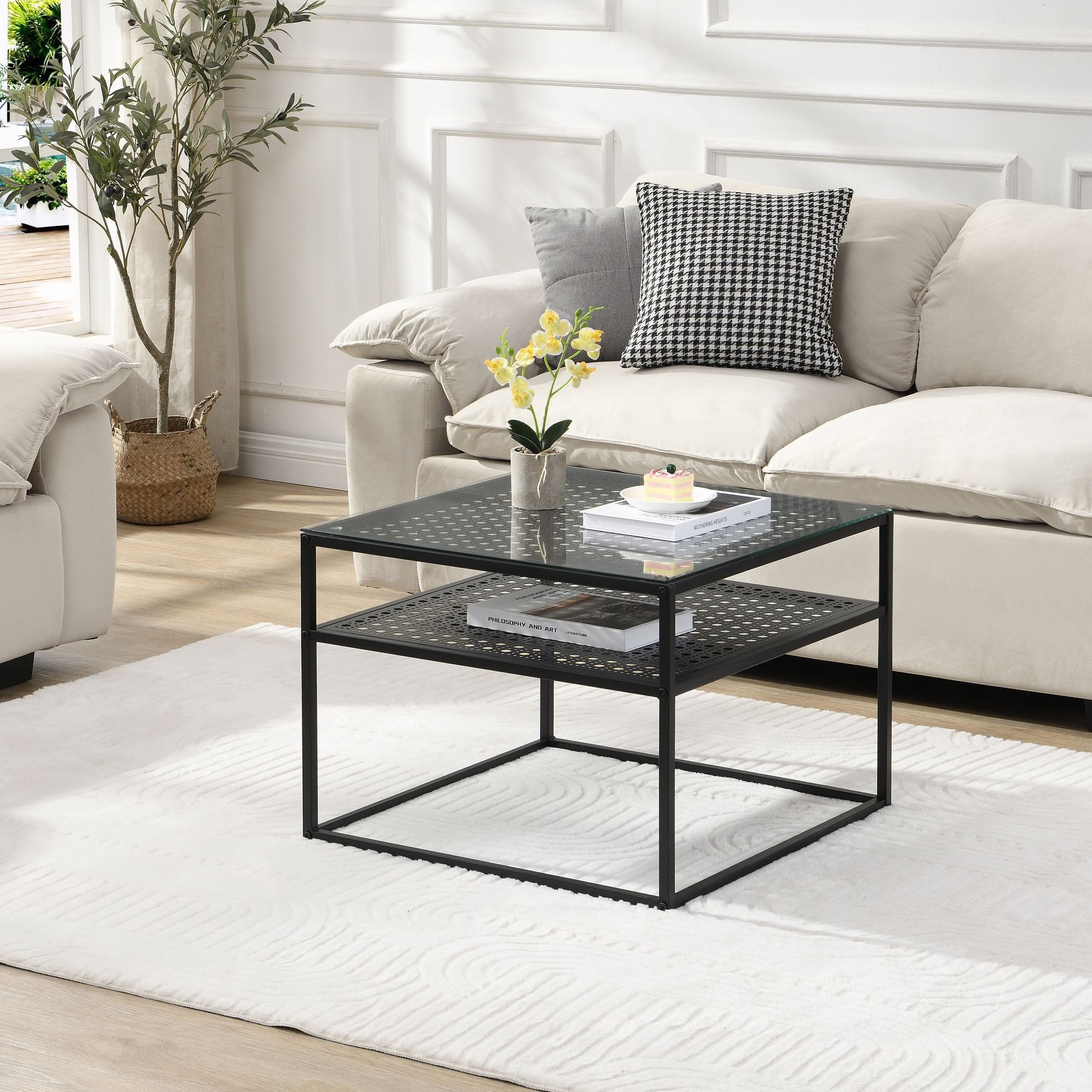 FINEBUY Couchtisch FB72738 Glas Metall 60 cm Quadratisch Wohnzimmertisch Ablage Modern (Sofatisch Glas Quadratisch 60 cm Schwarz Ablage), Wohnzimmertisch Industrial, Metallgestell Modern