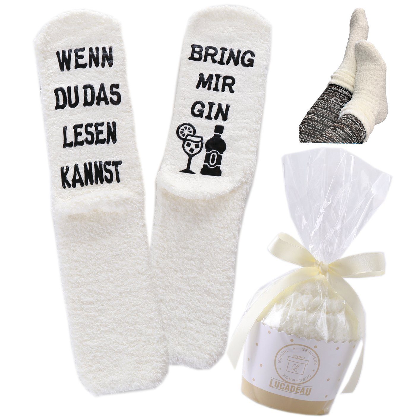 Lucadeau Kuschelsocken mit Spruch "Wenn du das lesen kannst, bring mir Gin" (Cupcake Verpackung, Gr. 36-43) rutschfest, Geschenke für Frauen, Geburtstagsgeschenk Creme