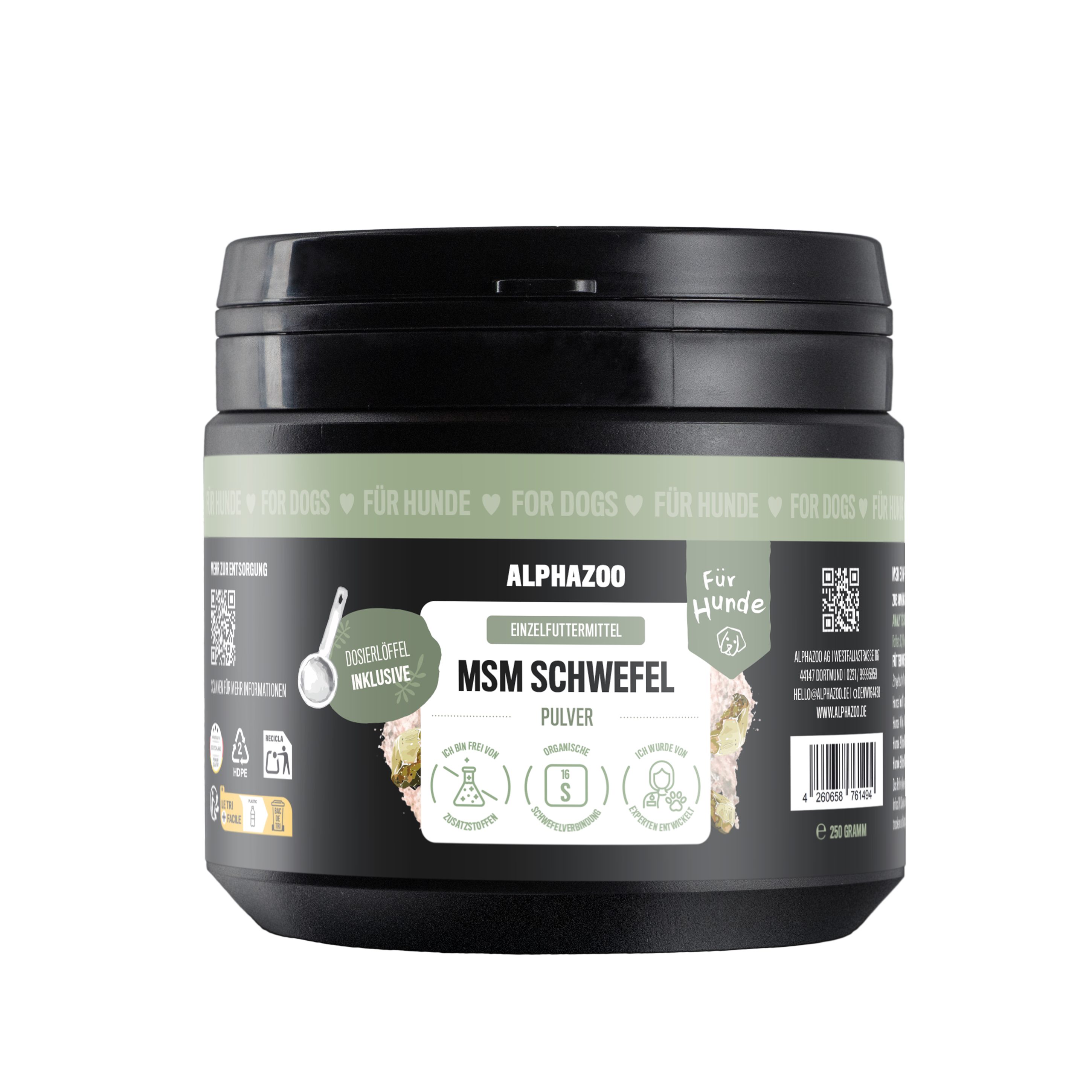 ALPHAZOO MSM Pulver 250 g für Hunde 99,9 % organischer Schwefel, Ergänzungsfutter für: Hunde, Methylsulfonylmethan für den Bewegungsapparat