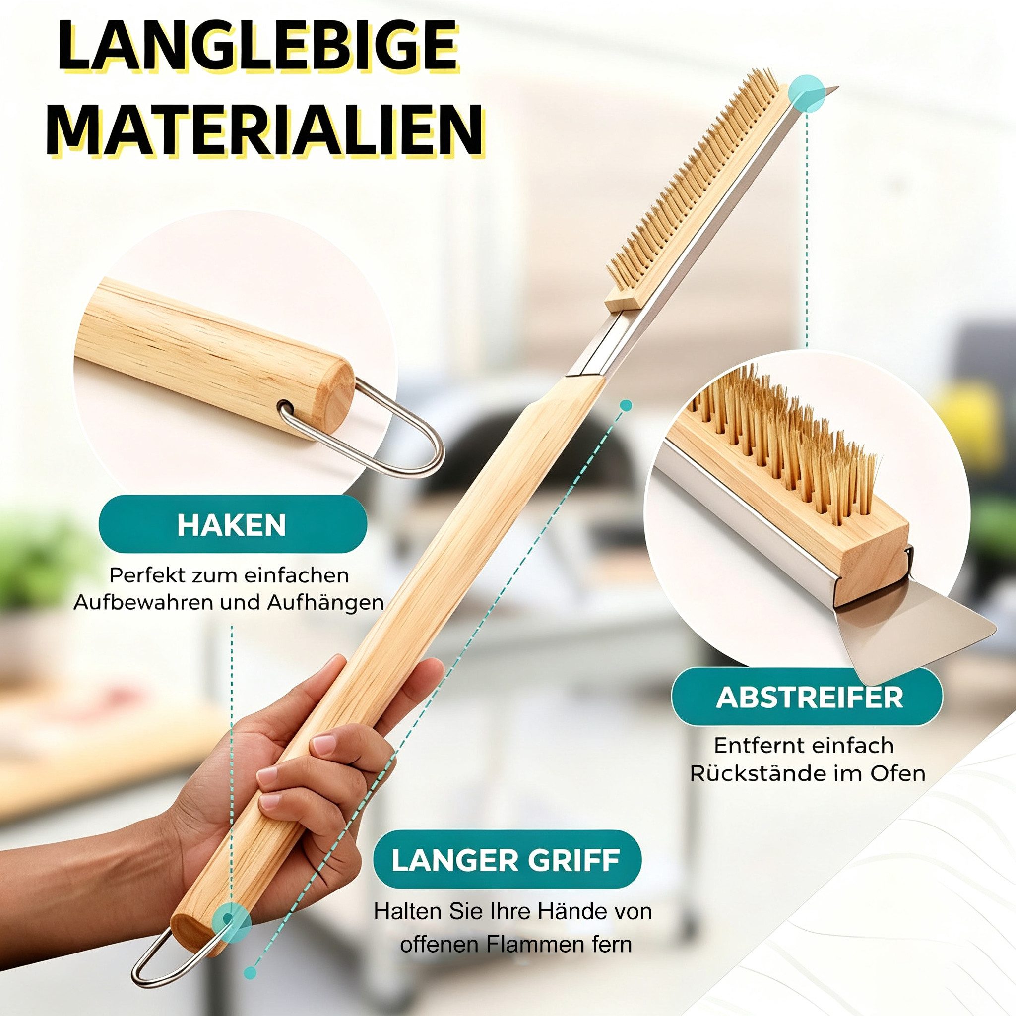 Luckice Grillbürste mit Schaber und langem Holzgriff, 56cm BBQ-Reinigungsbürste, (mit robusten Metallborsten und Aufhängeschlaufe für Grillrost, Fugen, Herdplatten, Metall & Stein, mit Aufhängeöse für Werkstatt und Küche)