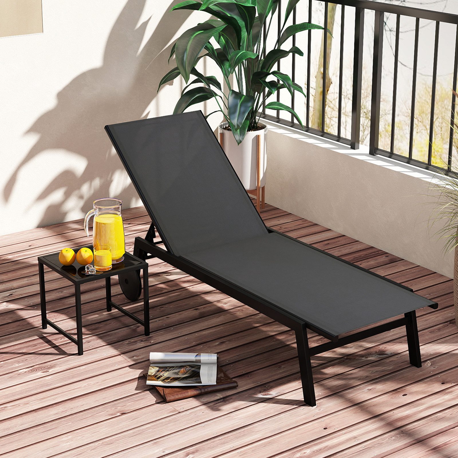 COSTWAY Gartenliege, 2 St., Liegestuhl-Set verstellbar mit Tisch, Rollen