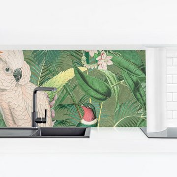 Bilderdepot24 Küchenrückwand grün dekor Blumen Vintage Botanik Tropisch Tiere Kakadu Kolibri, (1-tlg., Nischenrückwand - für Fliesenspiegel ohne Bohren - matt), Spritzschutz Rückwand Küche Herd - Folie selbstklebend versch. Größen