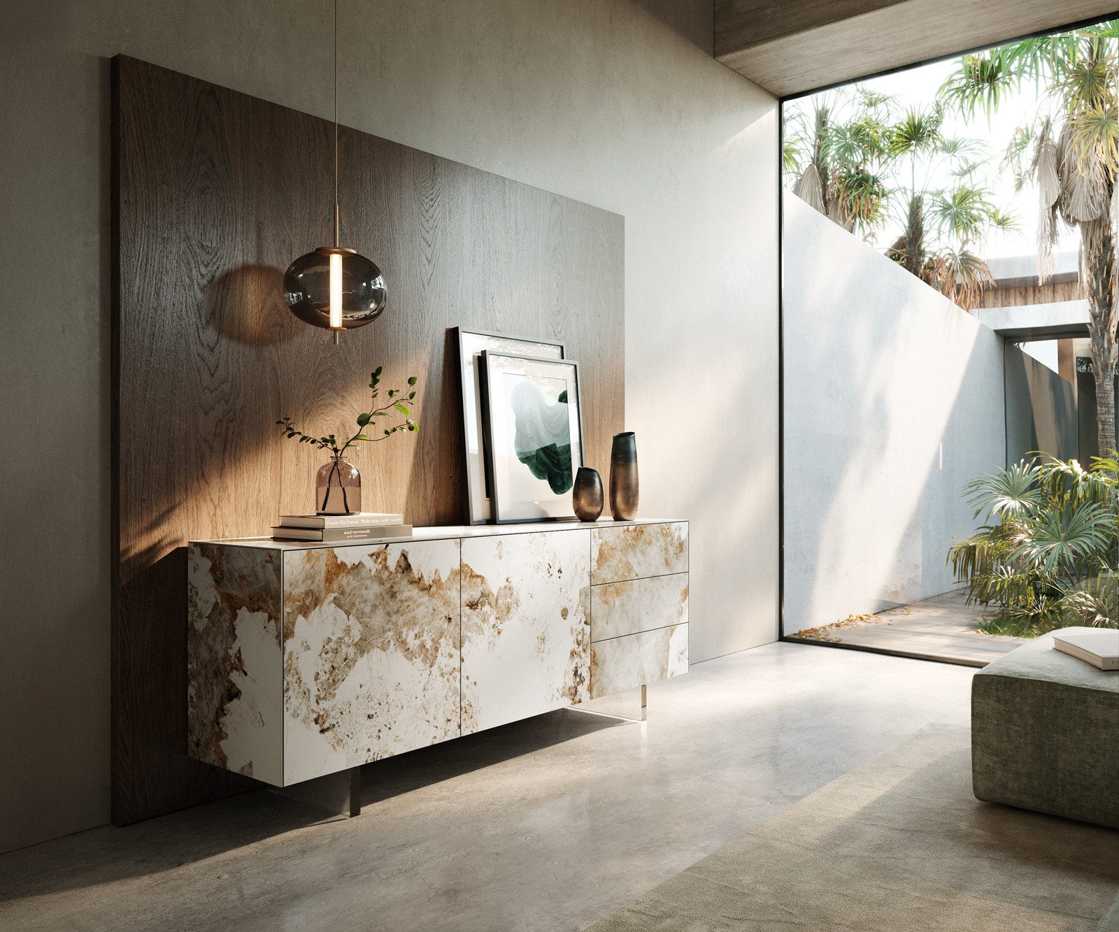 DELIFE Sideboard Cuor, Keramik Minas Melange Weiß-Beige 180 cm 2 Türen 3 Schubfächer Fuß Schw