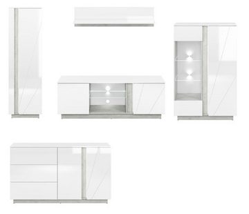 Feldmann-Wohnen Wohnzimmer-Set LUMENS, (Set, 1 Stauraumschrank + 1 Sideboard + 1 Vitrine + 1 Lowboard + 1 Wandregal), inkl. LED-Beleuchtung