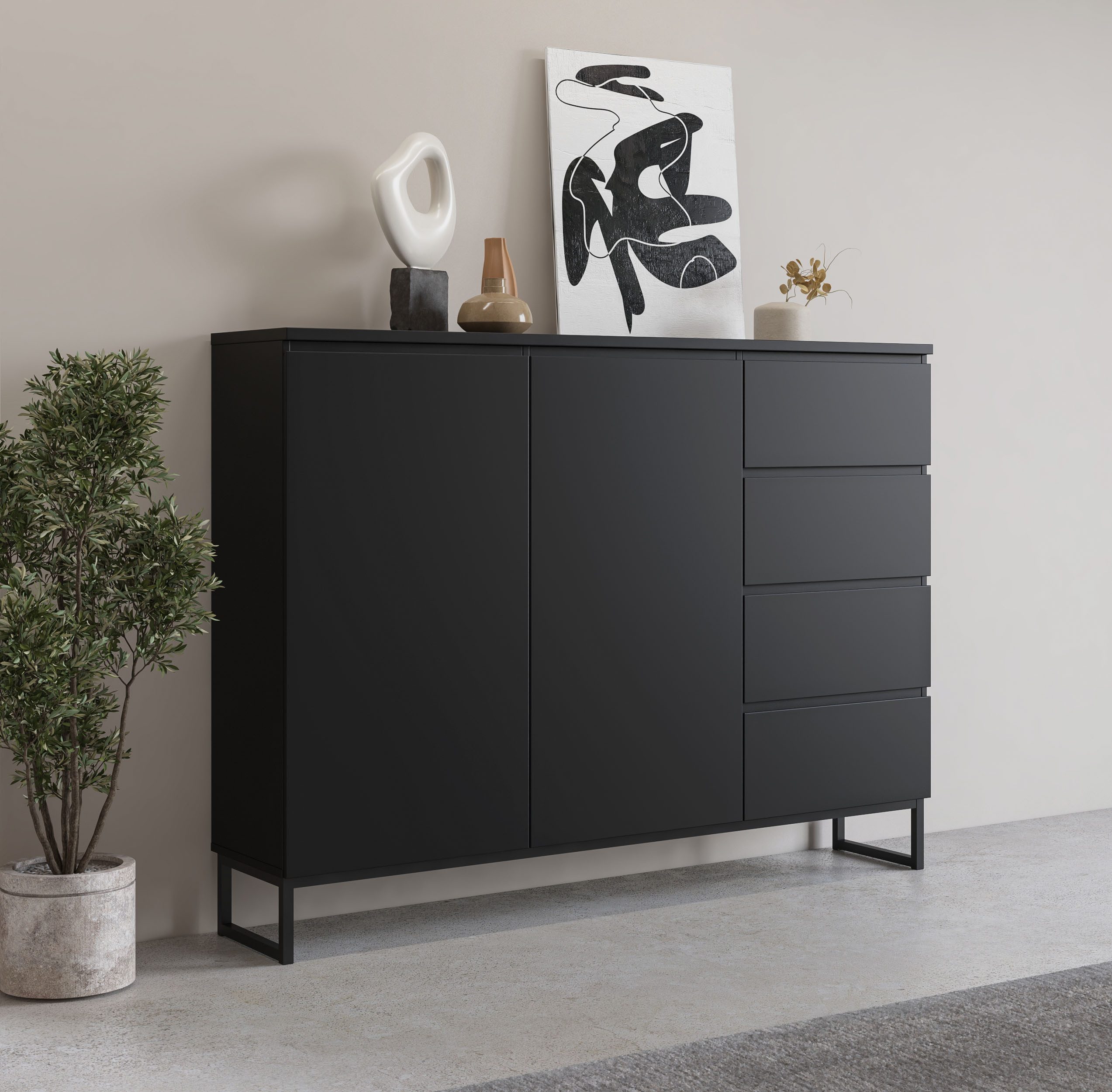 OTTO home Sideboard Modo II, Breite 150 cm, moderne grifflose Kommode 2Türen/4 SK, Schubladenschrank viel Stauraum, Einlegeböden verstellbar, Metallkufen
