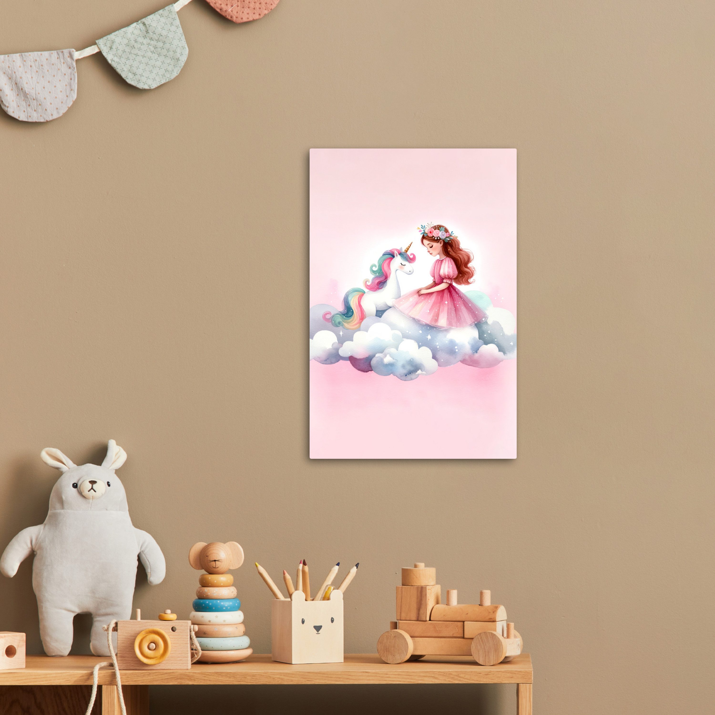OneMillionCanvasses® Leinwandbild Einhorn - Prinzessin - Einhorn - Rosa - Wolken, Fotodruck (1 St), Kinderzimmer Deko, Mädchen und Jungen Bilder 20x30 cm – Bild 2 von 5