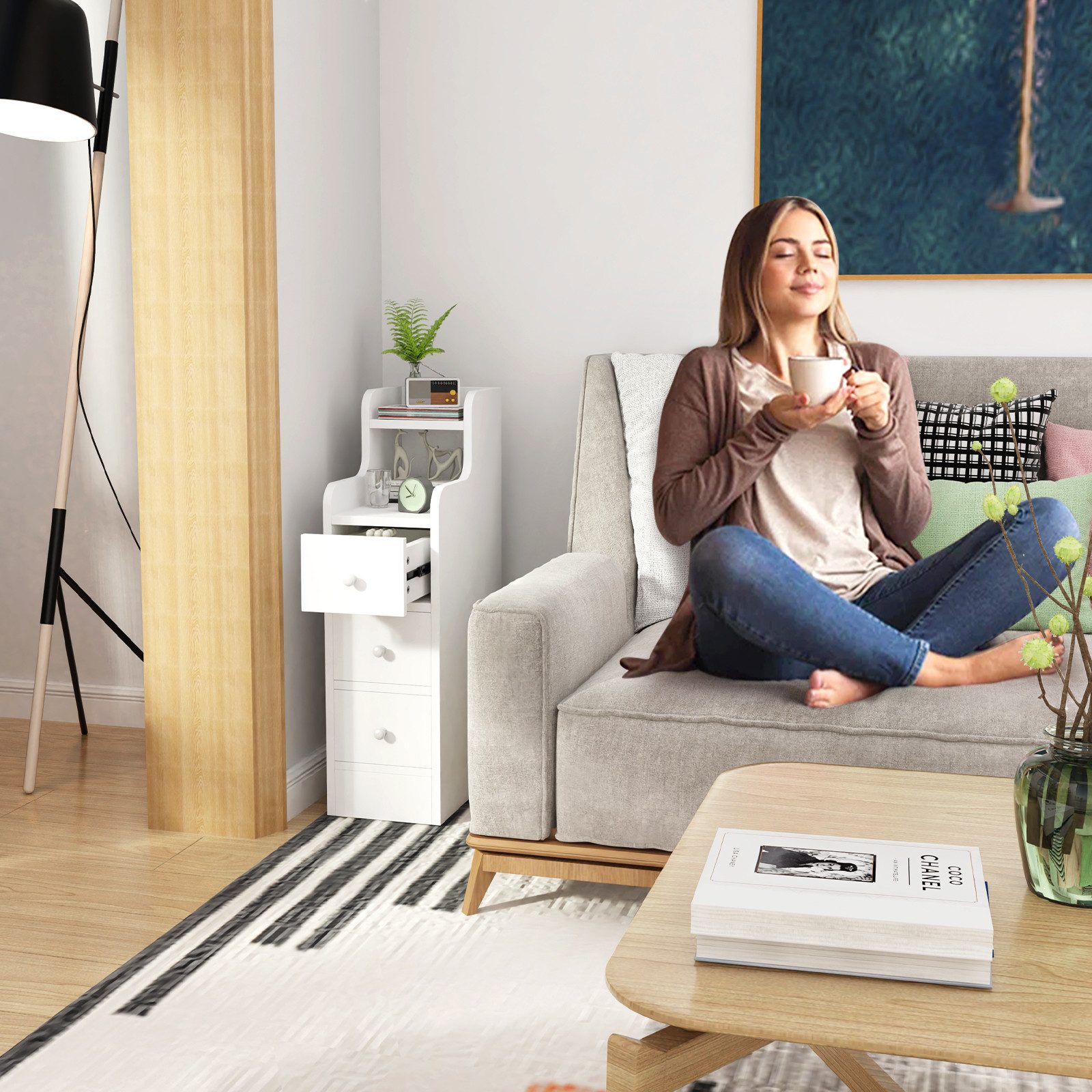 JEOBEST Nachttisch Nachtschrank Schmal, Beistelltisch mit 3 Schubladen, (2-St), Nachtkommode Nachtkonsole für Schlafzimmer Wohnzimmer – Bild 2 von 5