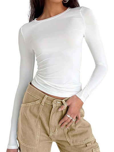FIDDY T-Shirt Damen-T-Shirt mit Langen Ärmeln und rundem Ausschnitt, Bauchfreies