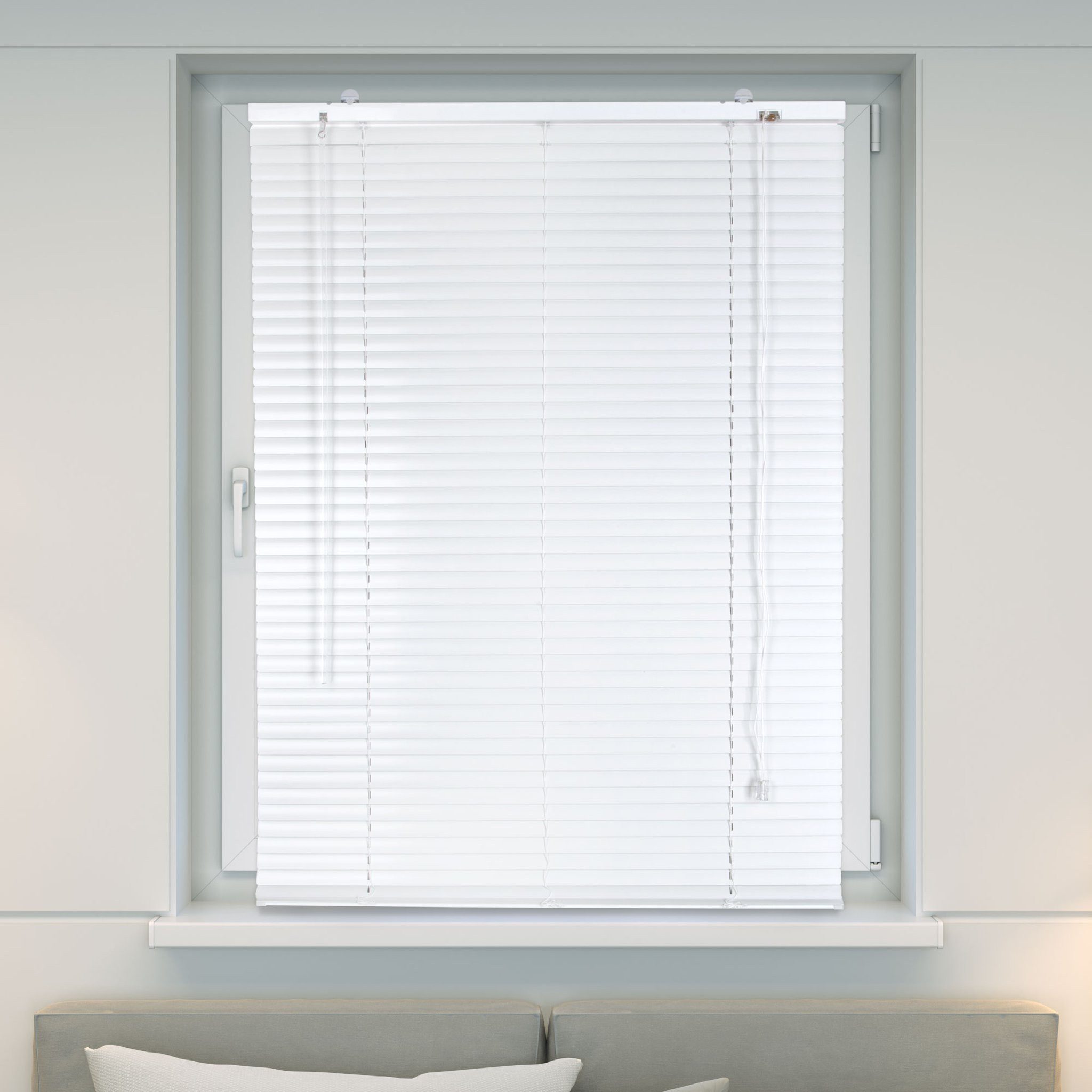 Victoria M. Jalousie Aluminium Jalousie, 45 x 130 cm, weiß matt, mit Bohrenohne Bohren, freihängend, Sicht- Licht- und Blendschutz, inkl. Klemmclips
