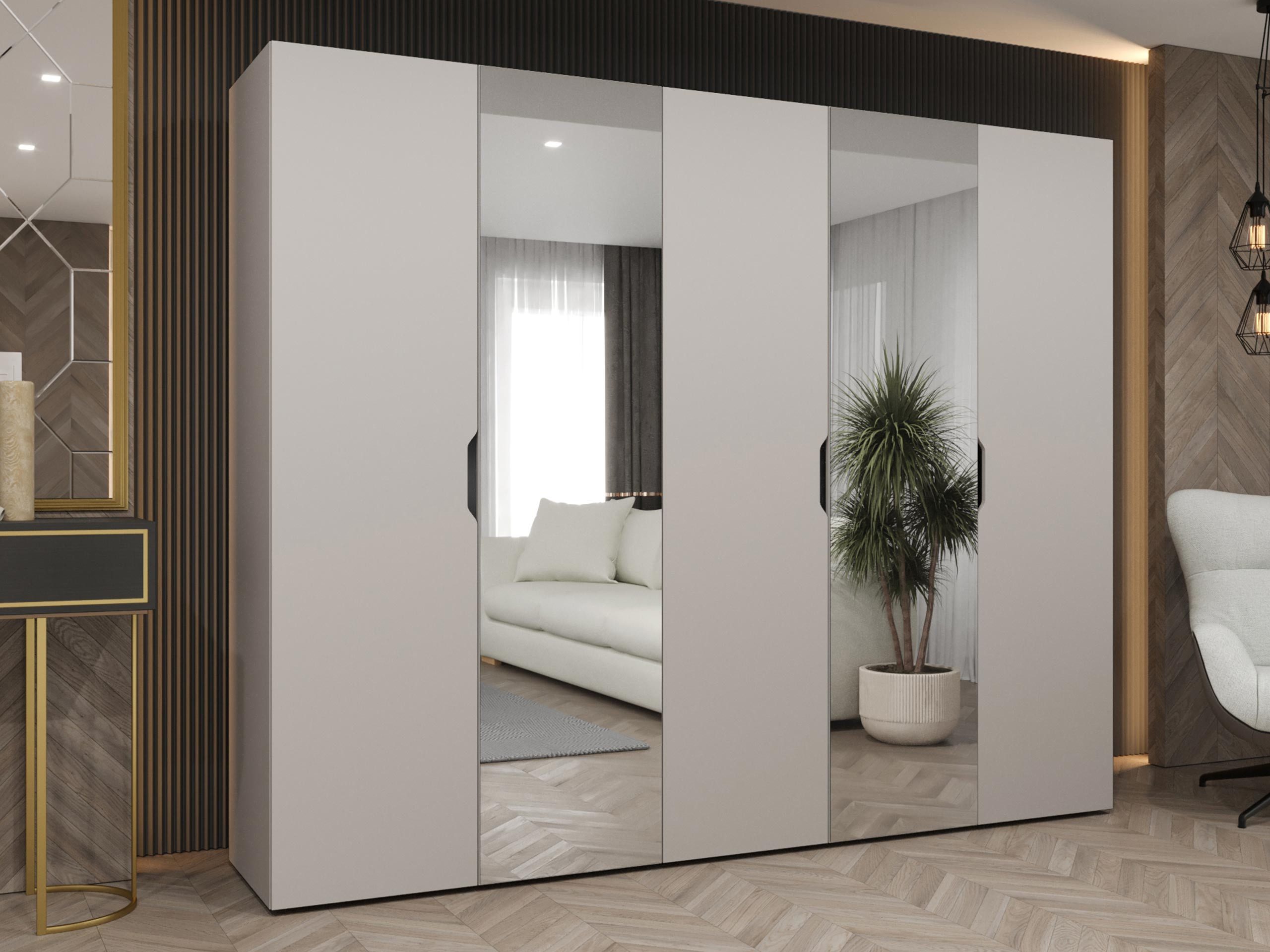 MIRJAN24 Kleiderschrank Malaga 250 mit Frontspiegel (mit fünf Drehtüren) gedämpftem Schließsystem, 250x52x202 cm