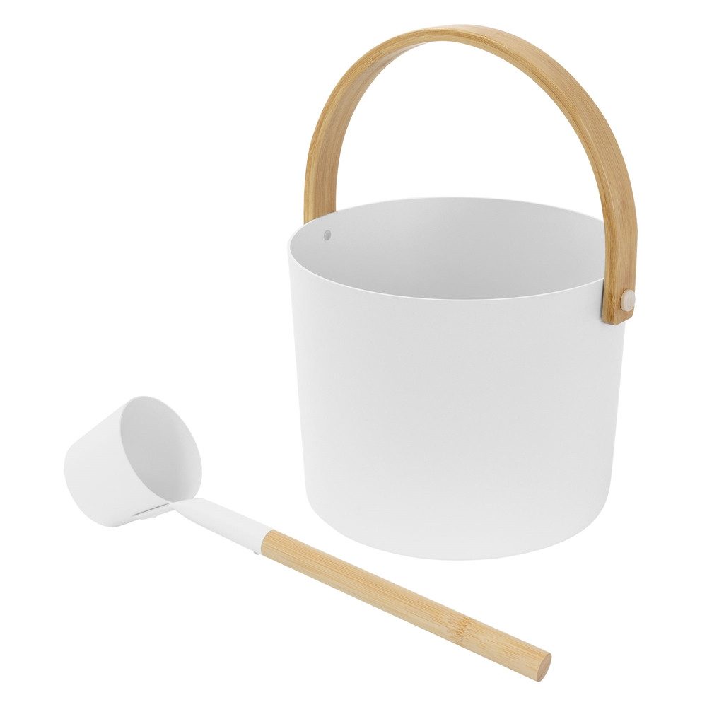 LuxeBath Sauna-Aufgussset 2-teilig Saunazubehör-Set aus Aluminium & Bambus, Sauna Set Zubehör Inkl. 6L Aufgusskübel mit klappbarem Griff & Schöpfkelle, Saunaeimer