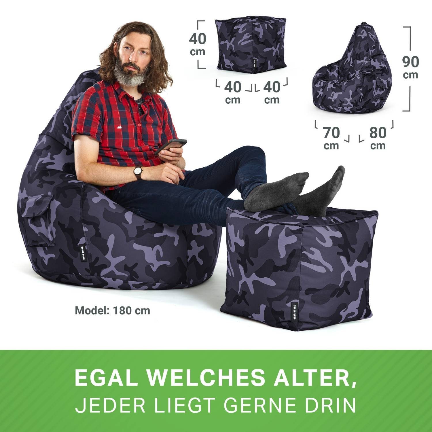 Green Bean Sitzsack Cozy+Cube (2er Sitzsack schmutzabweisend Bag Hocker - Kinder -, Pouf Gamingstuhl Bodenkissen), Bean Gamer waschbar Camouflage Relax-Sessel Set befüllt Lounge robust Sitzhocker Blau & Erwachsene fertig - 