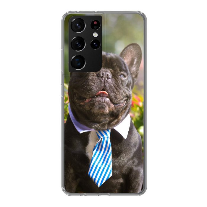 MuchoWow Handyhülle Französische Bulldogge - Krawatte - Blau Phone Case Handyhülle Samsung Galaxy S21 Ultra Silikon Schutzhülle