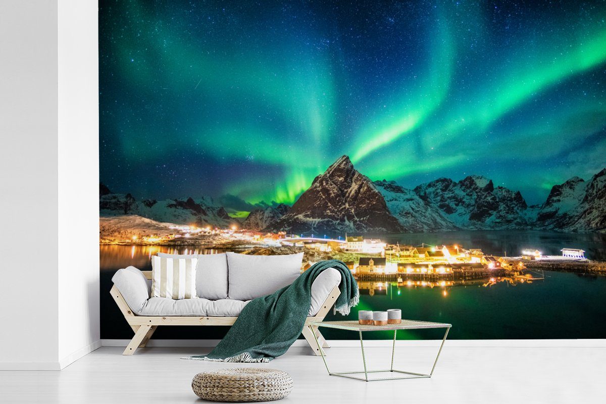 Wallpaper für St), Fototapete Vinyl Norwegen, Lichter Nordlicht - Matt, MuchoWow - (6 Wohnzimmer, Berg Tapete Schlafzimmer, bedruckt, Kinderzimmer, -