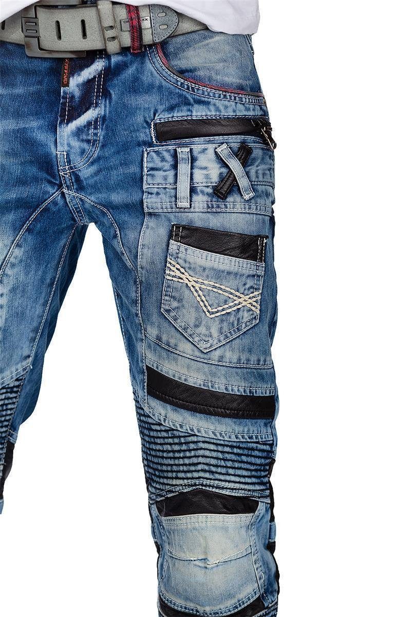 Cipo & Baxx Bikerjeans Herren Slim Fit Hose Stonewashed BA-CD637 mit Lederpatches und Nieten – Bild 5 von 5