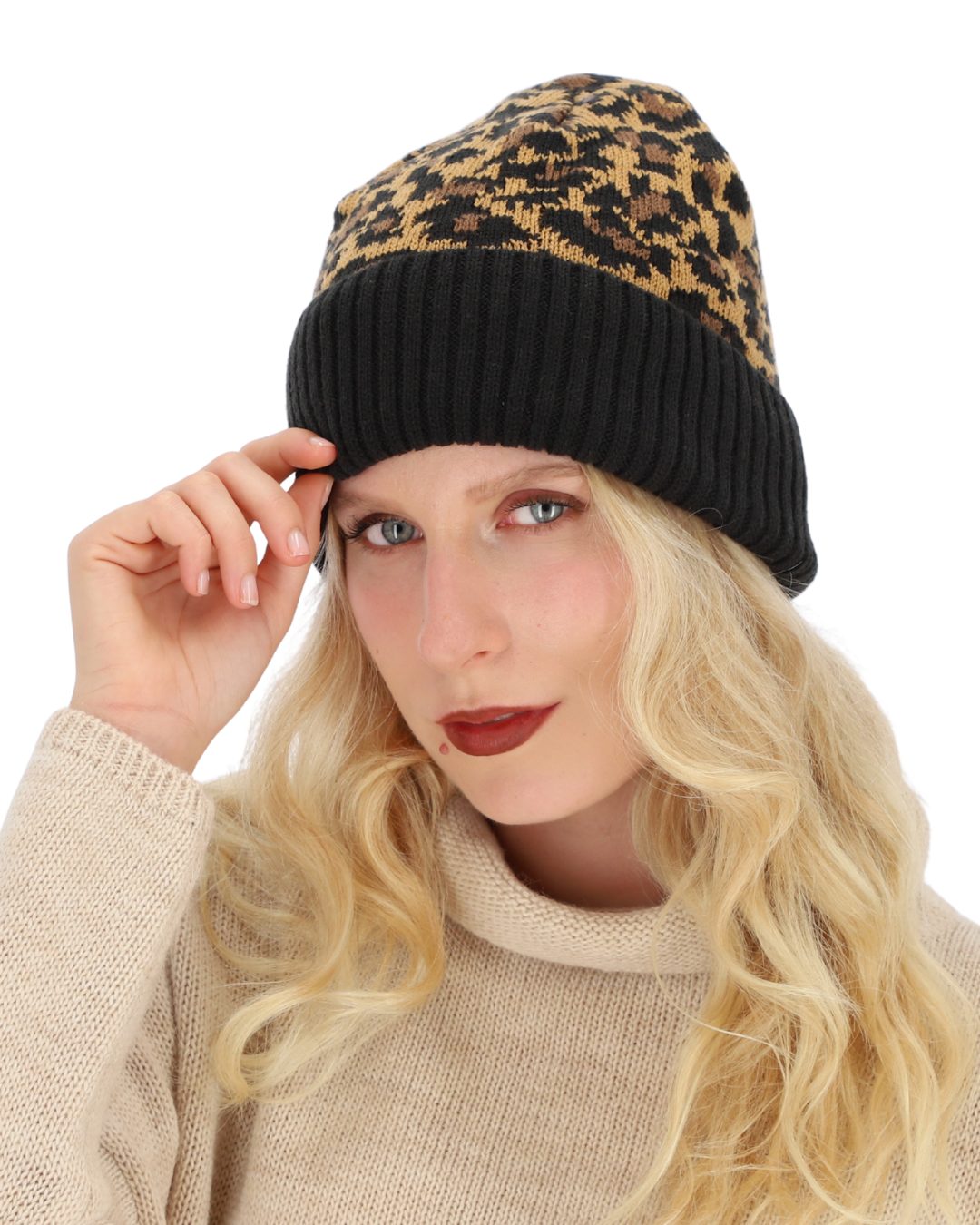 halsüberkopf Accessoires Strickmütze Leo mit unifarbenen Umschlag mit Animalmuster