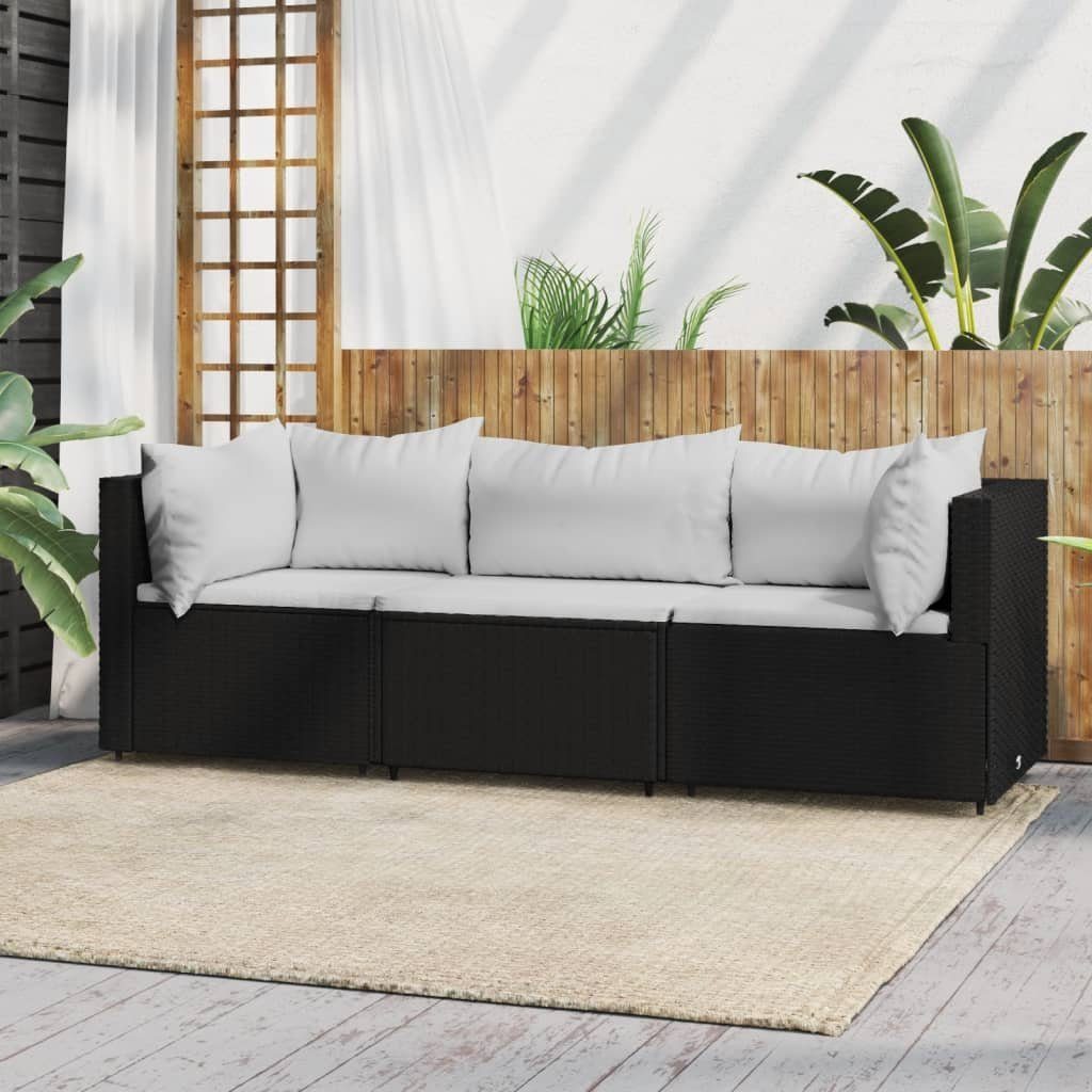 vidaXL Loungesofa 3-tlg. Garten-Lounge-Set mit Kissen Schwarz Poly Rattan, 1 Teile