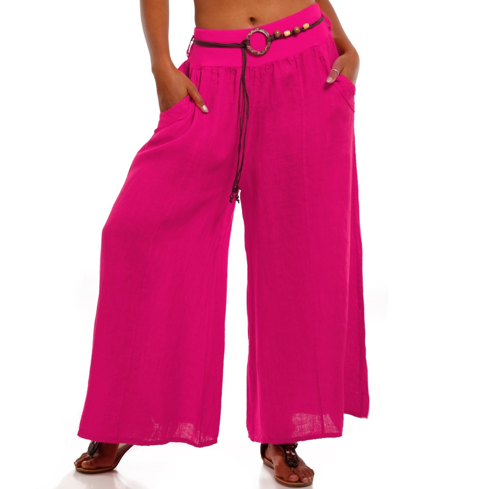 Leinenhose pink Style elastischem YC casual, mit Leinenhose Bund & mit Fashion Bein weitem Hosenrock (1-tlg)
