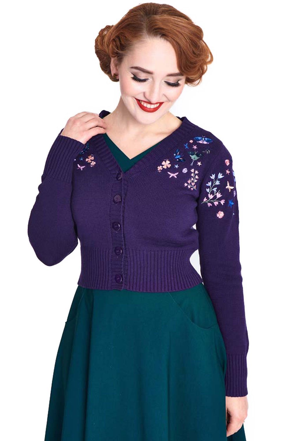 Voodoo Vixen Strickjacke Floral And Butterfly Embroidered Cardigan Lila Ret günstig online kaufen