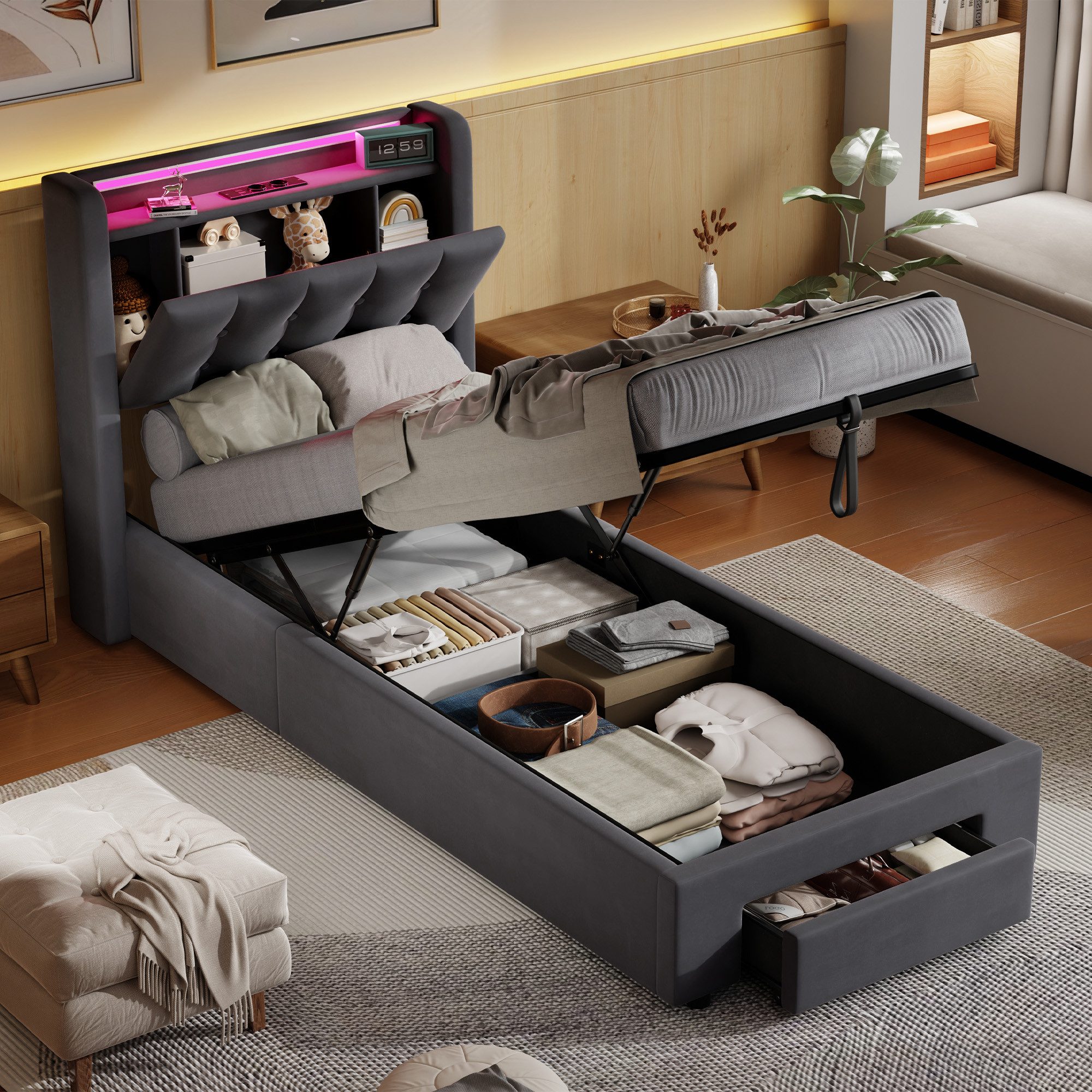 OKWISH Polsterbett mit Hydraulik, Schubladen, LED-Beleuchtung (Funktionsbett, 1-tlg., 90x200 cm, Samt, ohne Matratze), 2 Steckdosen und 2 USB-Ladeanschlüssen