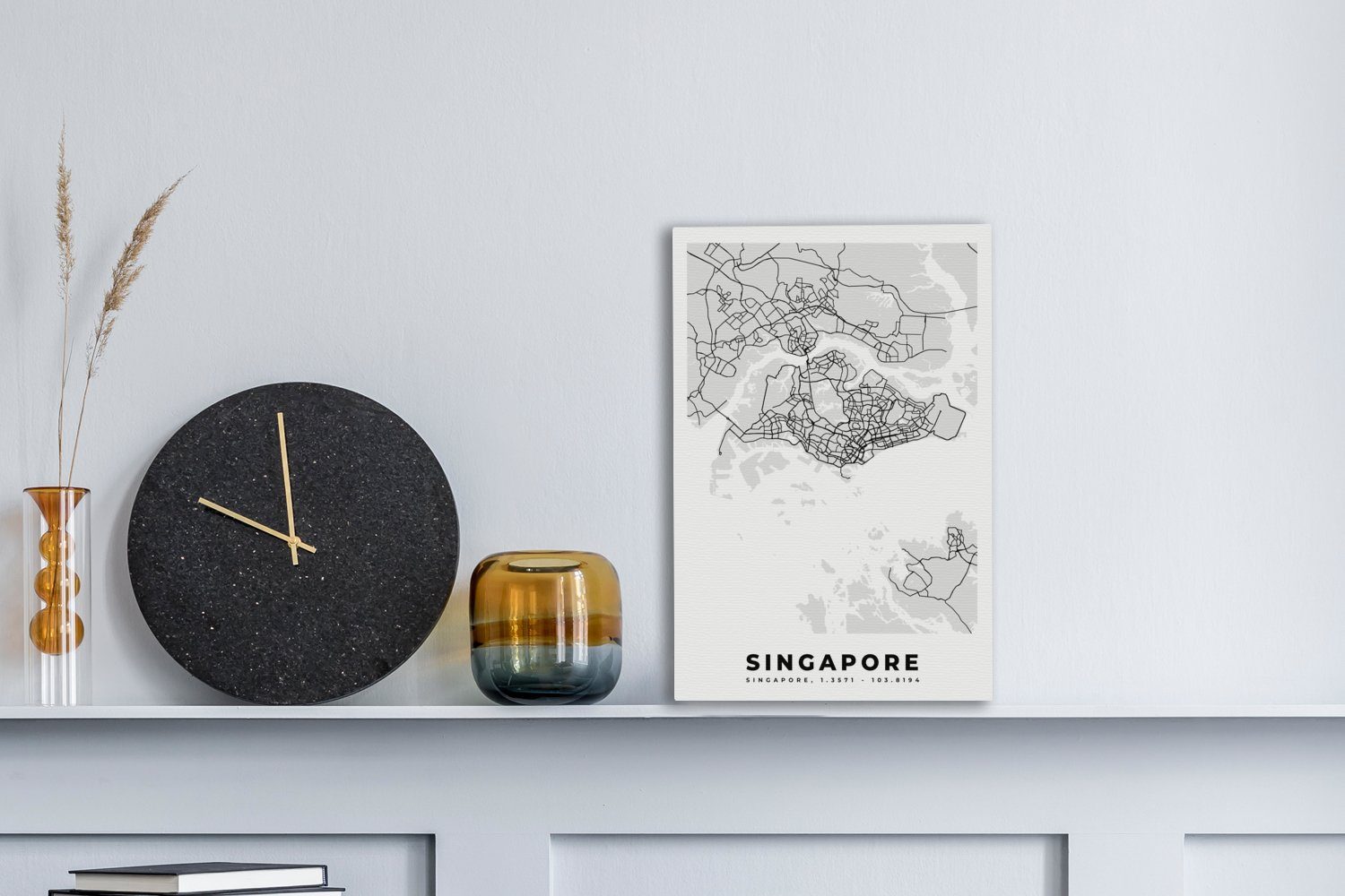 weiß - Karte, Zackenaufhänger, 20x30 - - Schwarz (1 fertig Karte Stadtplan Leinwandbild Gemälde, Singapur inkl. - und cm Leinwandbild OneMillionCanvasses® bespannt St),