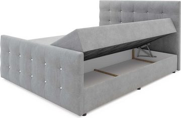 Furnix Boxspringbett KLONI 140x200 cm Doppelbett Bettkasten, Boxspringbett mit Matratze, Knöpfungen mit Kristallen am Kopf- und Fußteil