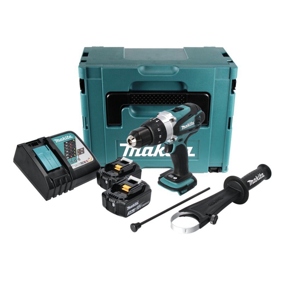 Makita Schlagbohrmaschine DHP 458 V + Akku La + Nm RFJ Ah 91 3,0 2x 18 Akku Schlagbohrschrauber