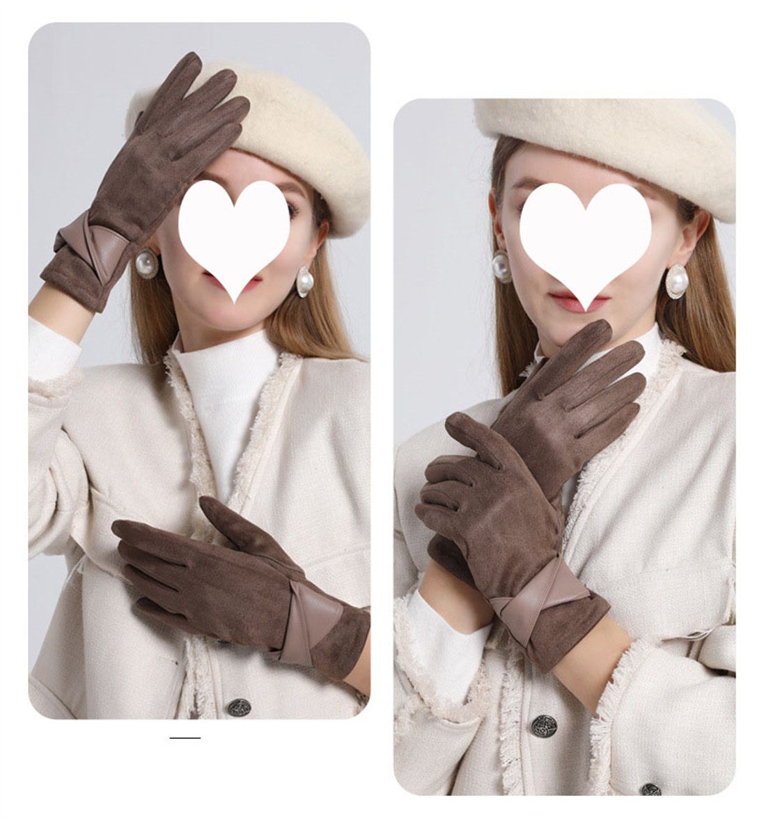 DÖRÖY Fleecehandschuhe Gepolsterte warme berührbarer Damenhandschuhe, Kaffee Handschuhe Schleife mit