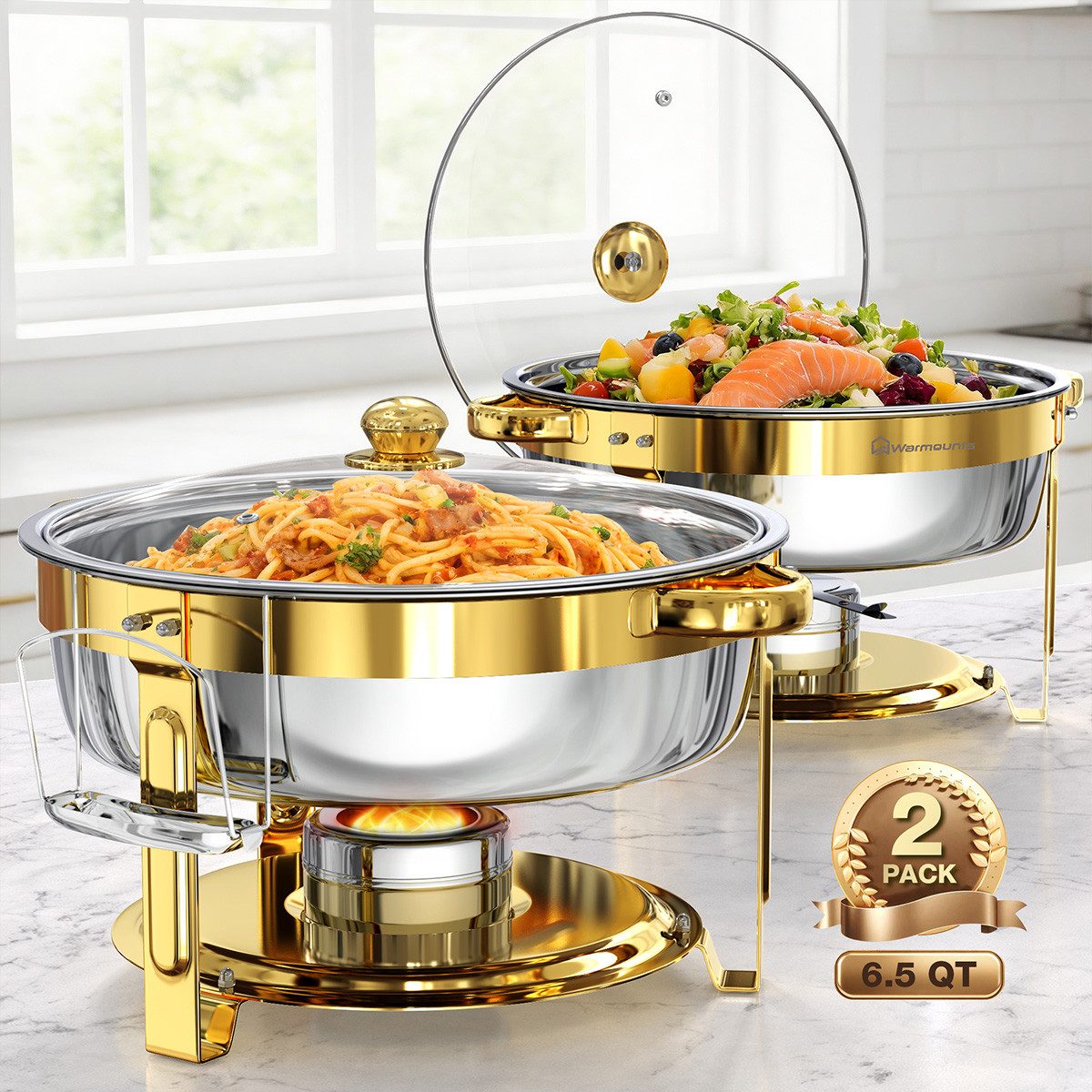 Warmounts Speisenwärmer 6,15L Chafing Dish Speisenwärmer Set, (2-tlg., Rund, 6,5 QT Edelstahl mit Deckelhalter und Glasdeckel), Buffet Warmhalter-Set für Catering, Partys, Abendessen