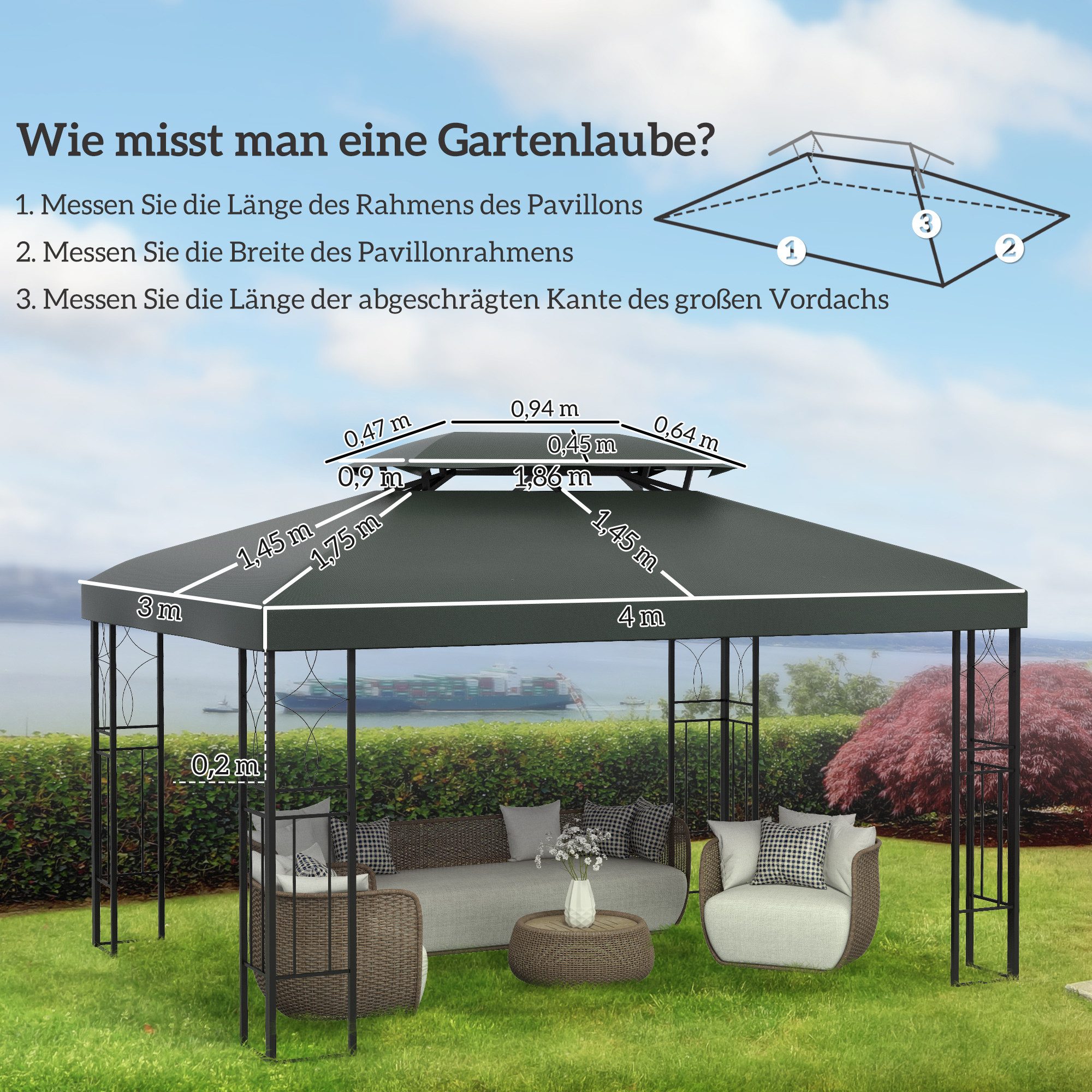 Outsunny Pavillon-Ersatzdach 3 x 4 m, mit Doppeldach, 180 g/m², 400 x 400 cm (Ersatzdach, Gartenpavillonersatzdach), für Gartenpavillon, Polyester, Dunkelgrau