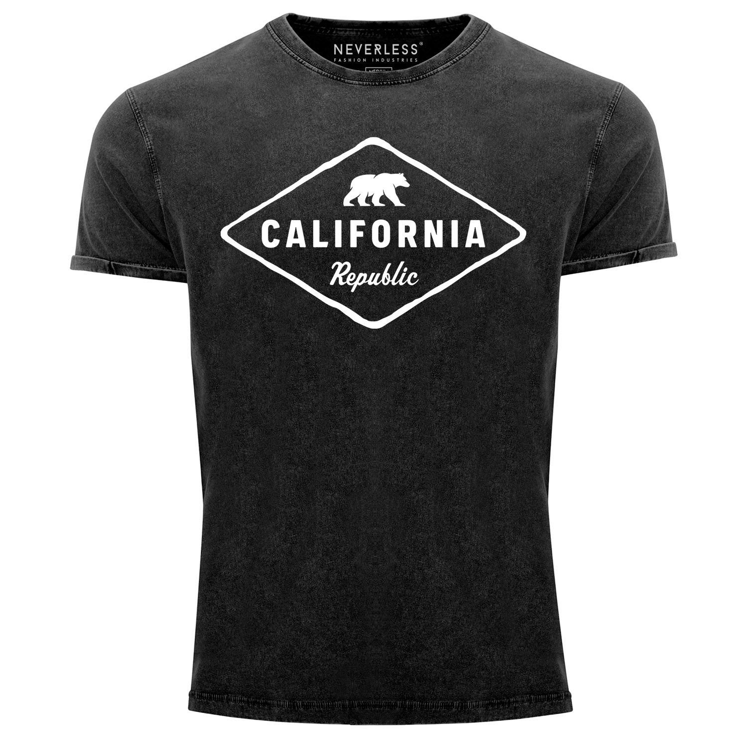 California Shirt Badge mit Aufdruck USA Printshirt Neverless Herren Print Bear Print-Shirt schwarz Sunshine Neverless® Republic Vintage State Bär T-Shirt