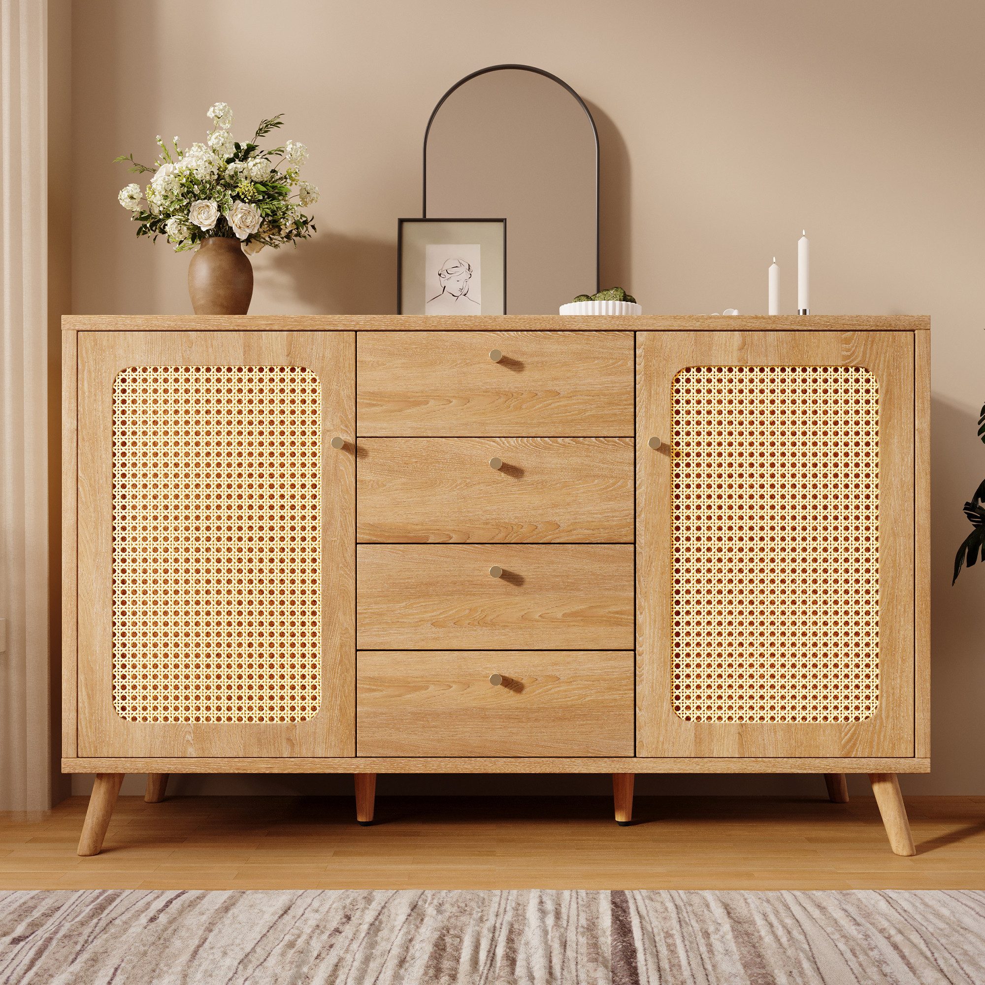 Odikalo Sideboard Kommode mit Schubladen und Rattan Optik (mit 4 Schubladen und 2 Türen Stauraumschrank in Rattan Optik mit verstellbaren Einlegeböden für Wohnzimmer Esszimmer Flur helle Eiche, B140/T40/H86 cm)