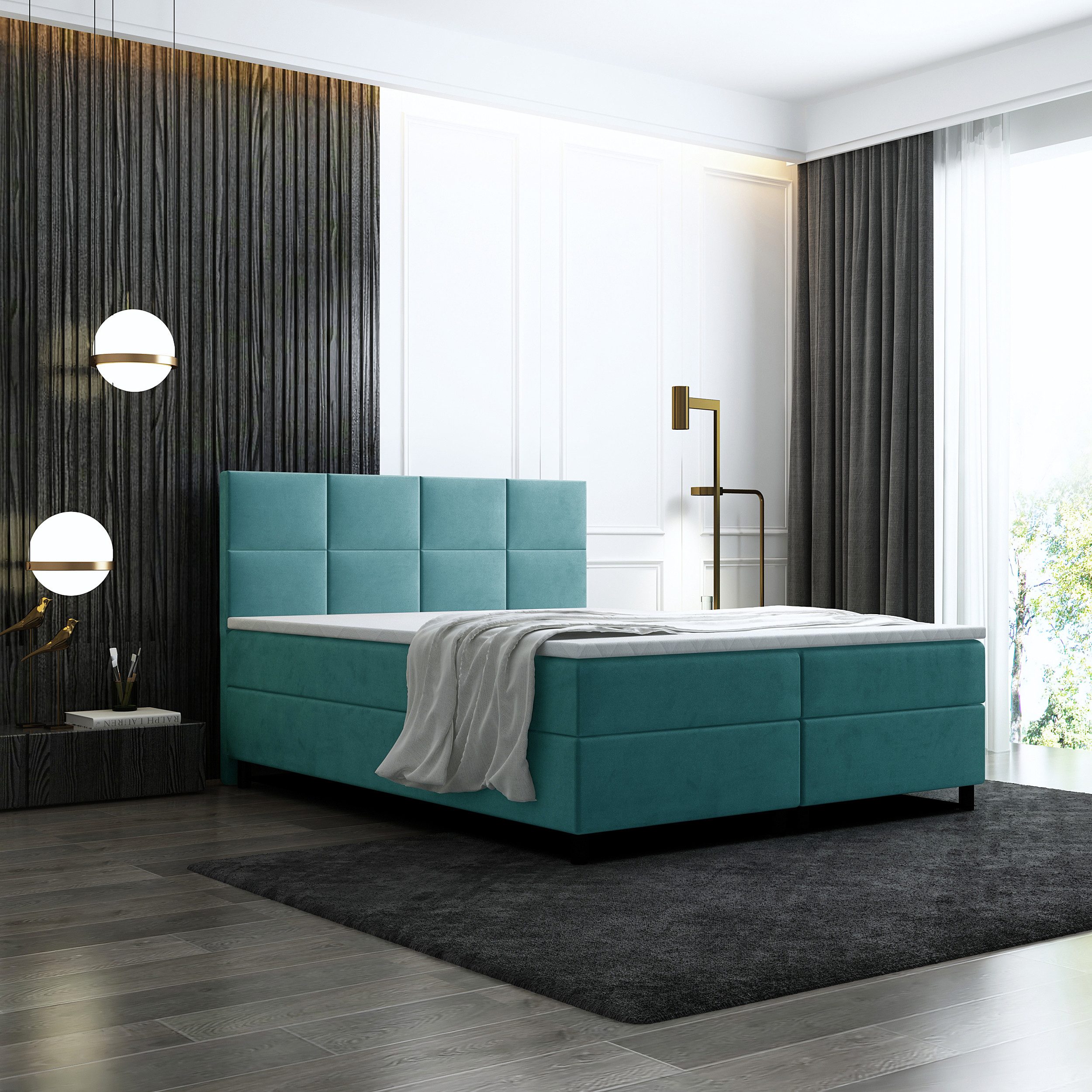thematys Boxspringbett Luxus mit Bettkasten 140x200–180x200cm - Velours Bezug (Polsterbett Bonnellfederkern Matratze H3 + Gratis 3cm Topper, – Doppelbett mit Stauraum - Boxbett)