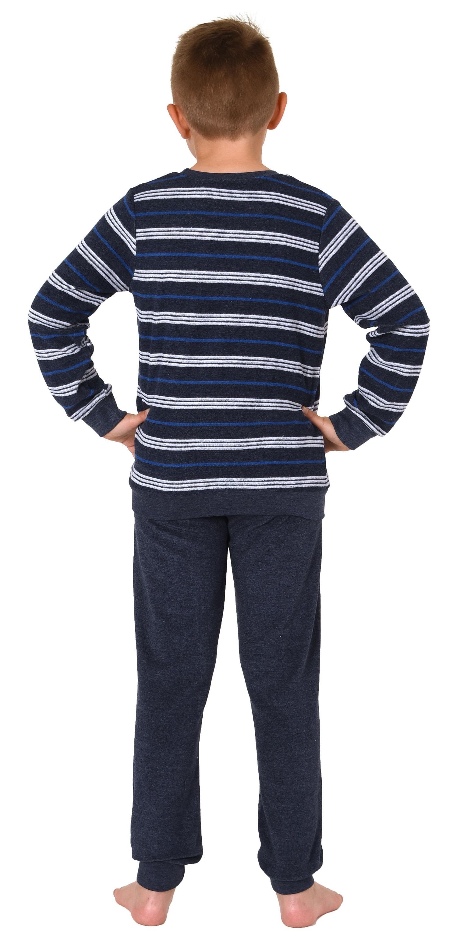 Normann Pyjama Jungen Frottee Schlafanzug in marine mit Streifenoptik Bündchen langarm