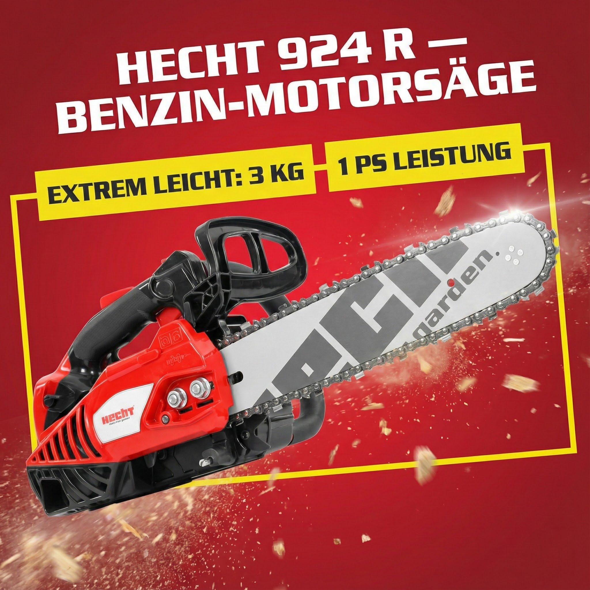 Hecht Benzin-Kettensäge 924 R Motorsäge für Brennholz, 1 PS, Profi, 30,00 cm Schwertlänge, 27 cm Schnittlänge - 3,5 kg
