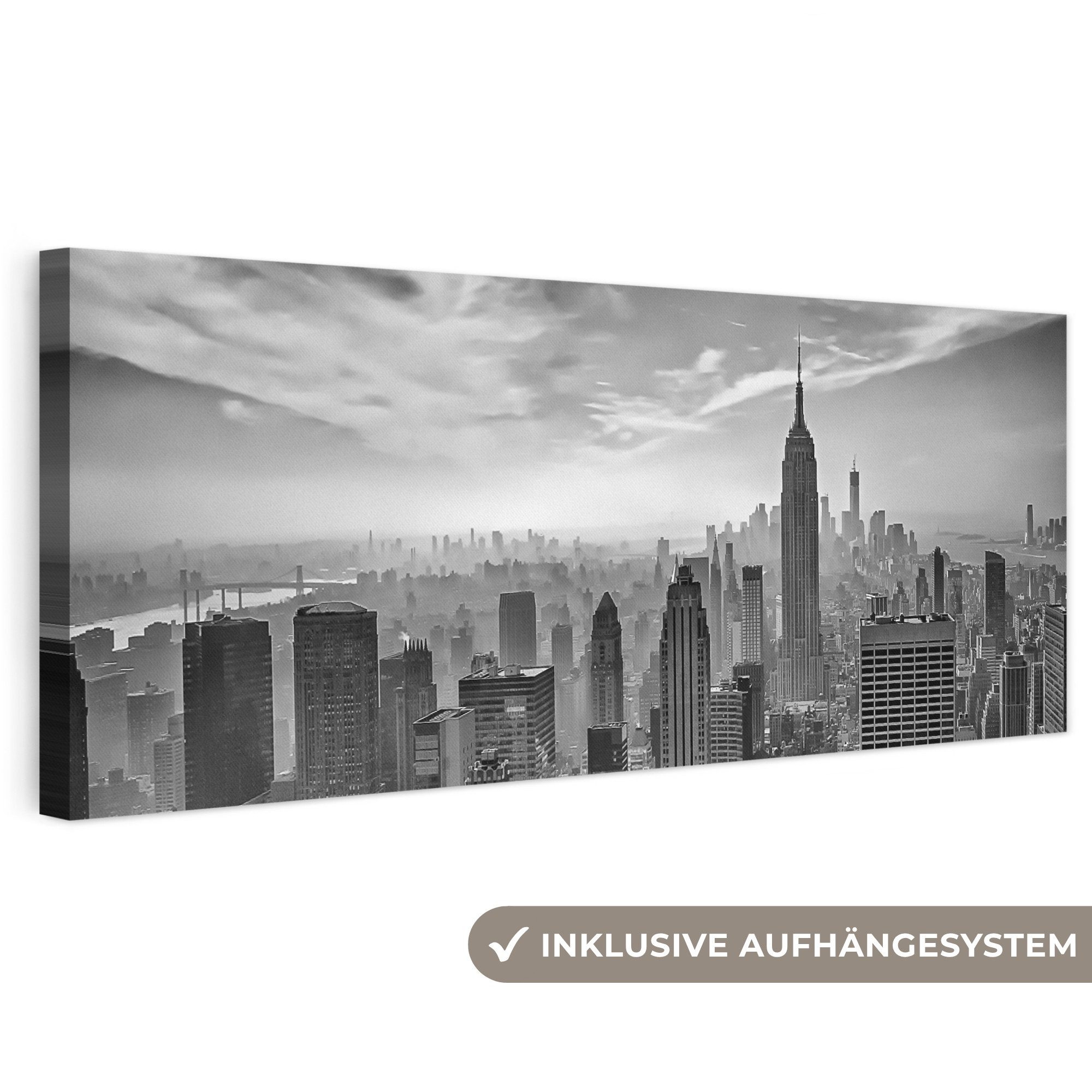 OneMillionCanvasses® Leinwandbild Panorama Architektur - Schwarz und weiß - Stadt - Skyline - New York, Fotodruck (1 St), Leinwand Bilder für Wohnzimmer Schlafzimmer 90x30 cm