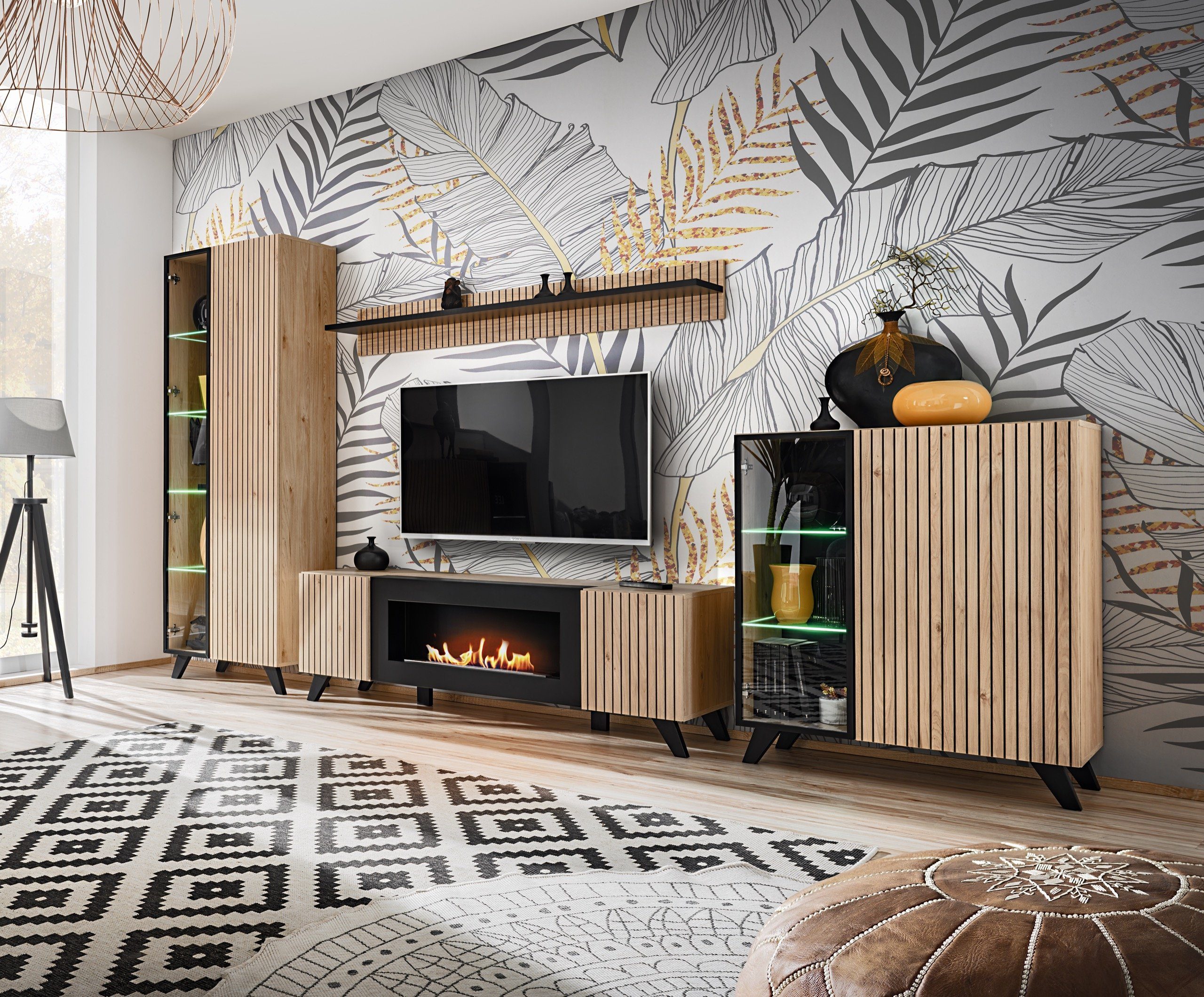 99rooms Wohnwand Mila, (Set (4-St), Wohnmöbel, Wohnzimmer-Set), Mit viel Stauraum, LED-Beleuchtung, Glaseinsatz, Biokamin