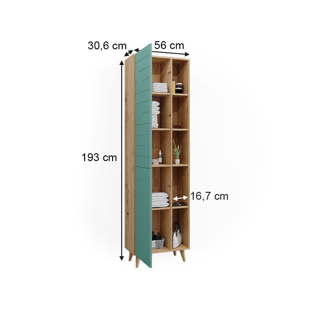 Vicco Hochschrank Rudi, Mintgrün/Eiche, 56 x 193 cm mit Türen, und offenen Fächern (1-St)