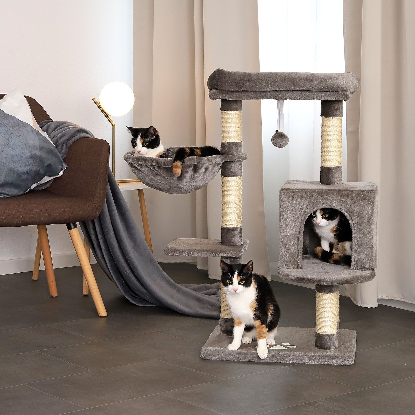lionto Kratzbaum 93 cm mit Höhle, Liegemulde, Spielball & Sisalstämmen, dunkelgrau, kompakter Katzenbaum mit Wandhalterung, für Katzen jeden Alters