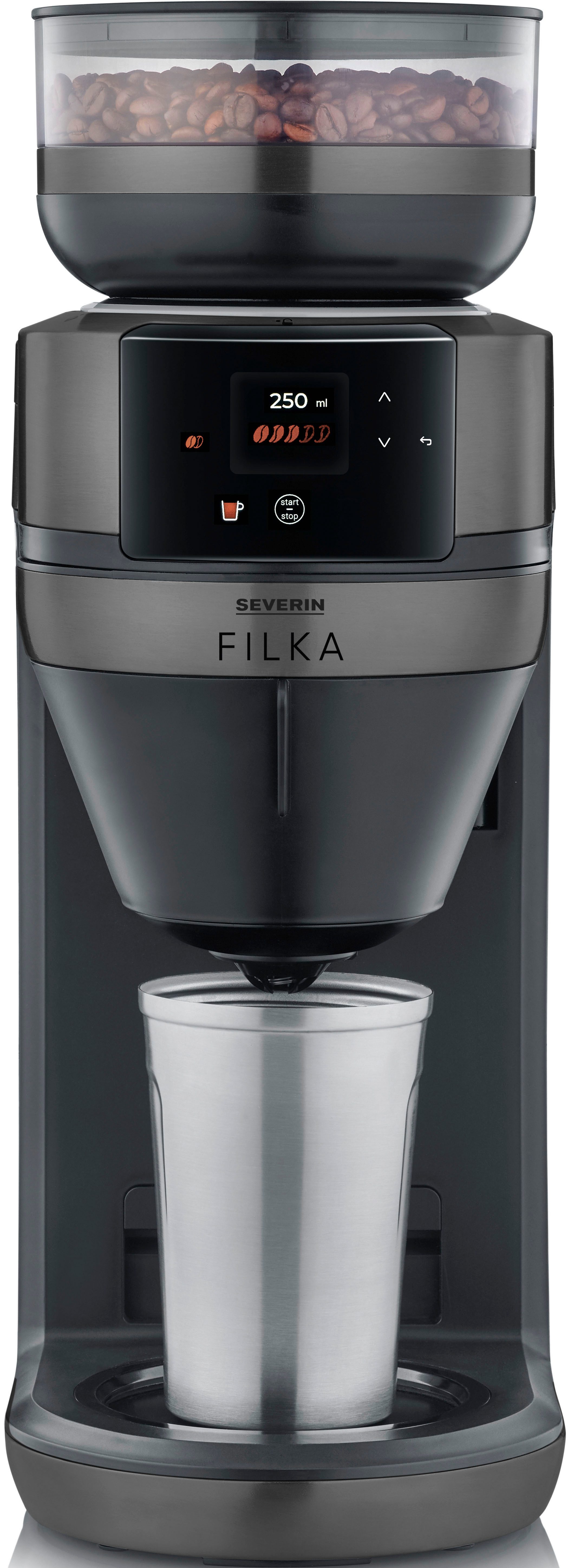 Severin Kaffeemaschine mit Mahlwerk KA 4855 FILKA (2. Generation), Filterkaffee-Vollautomat, 1,1l Kaffeekanne, Papierfilter, Permanentfilter 1x4, mit Thermokanne