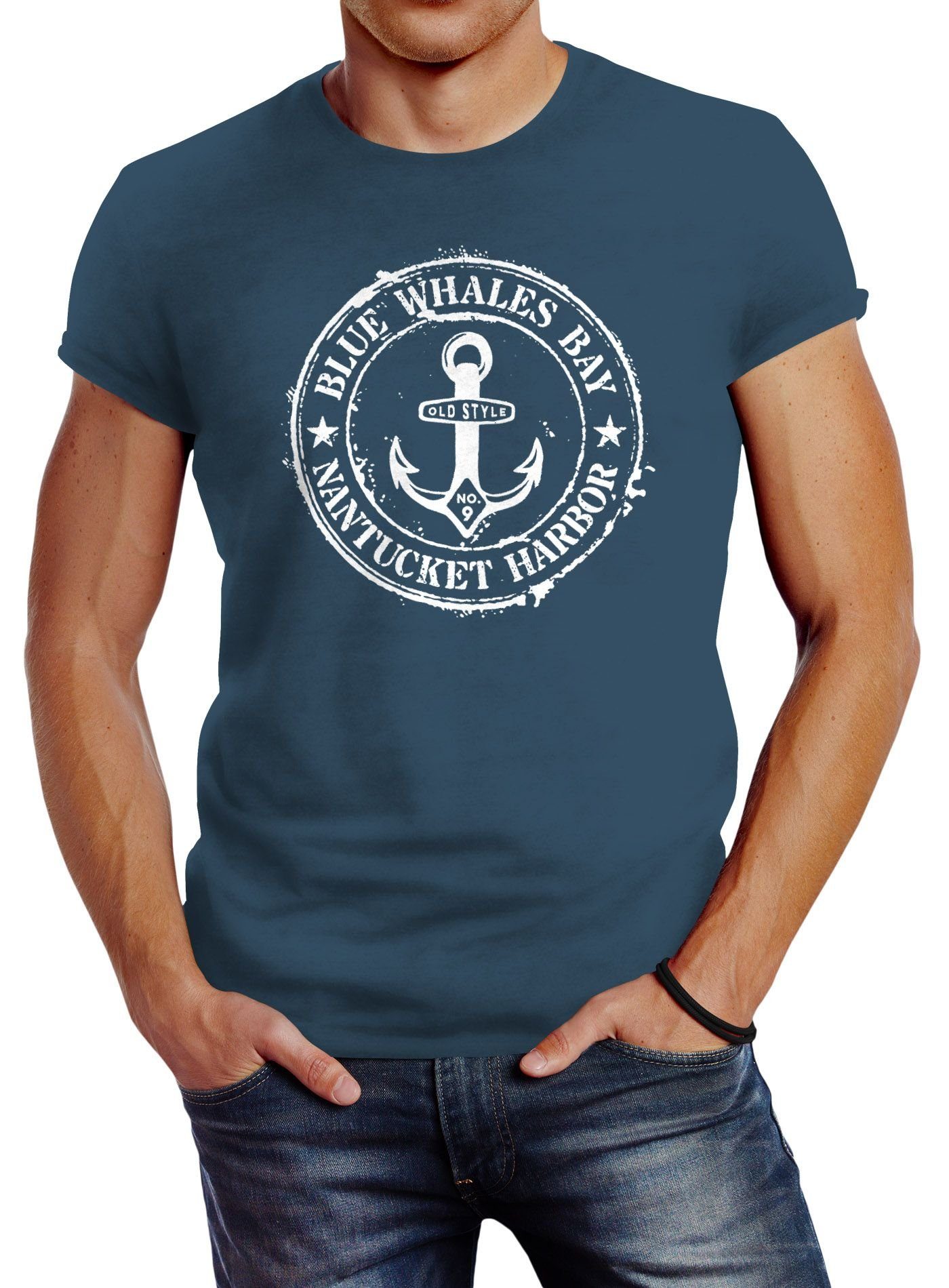 Neverless Print-Shirt Herren T-Shirt Anker Motiv maritim Retro Badge Vintage Anchor Print Neverless® mit Print blau
