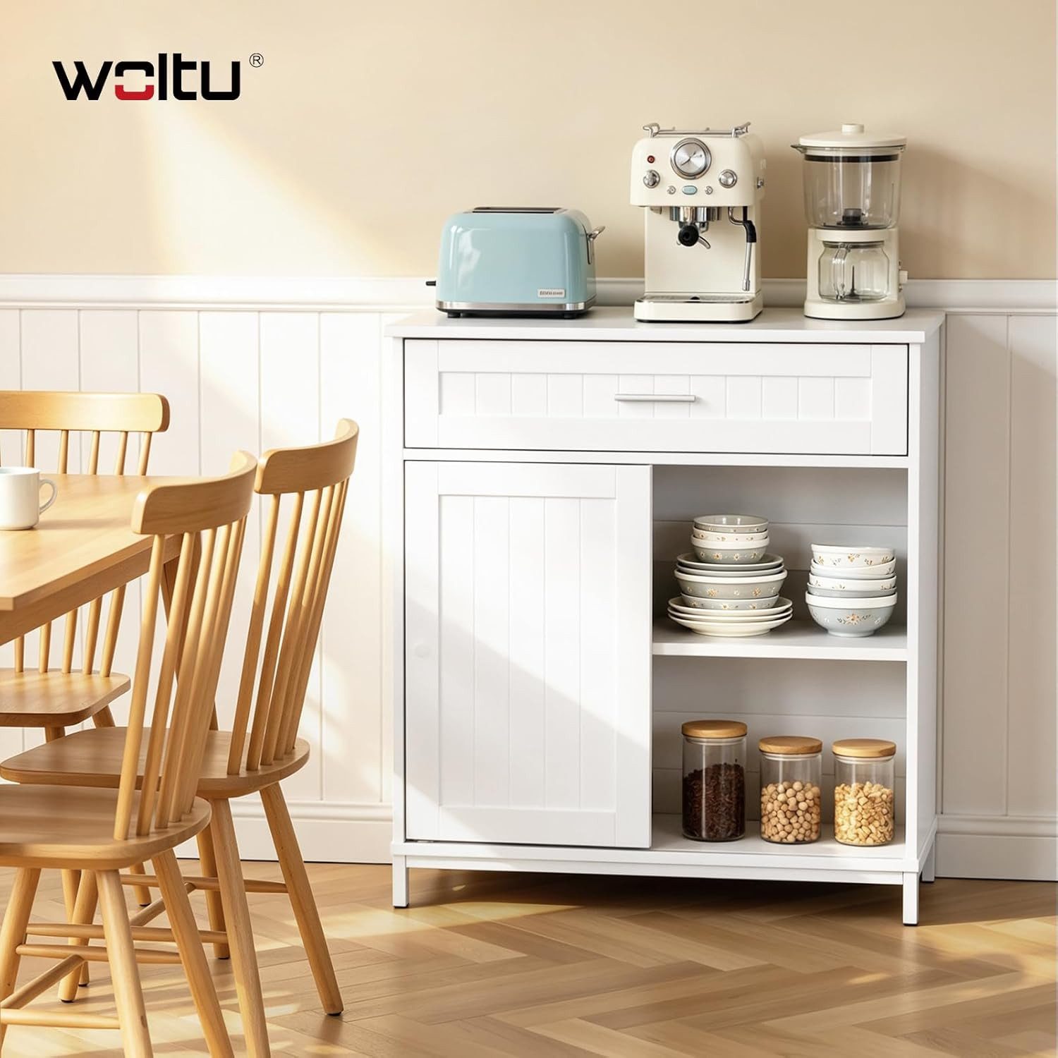 Woltu Sideboard, Küchenschrank mit Arbeitsplatte Schiebetür und verstellbare Ablage