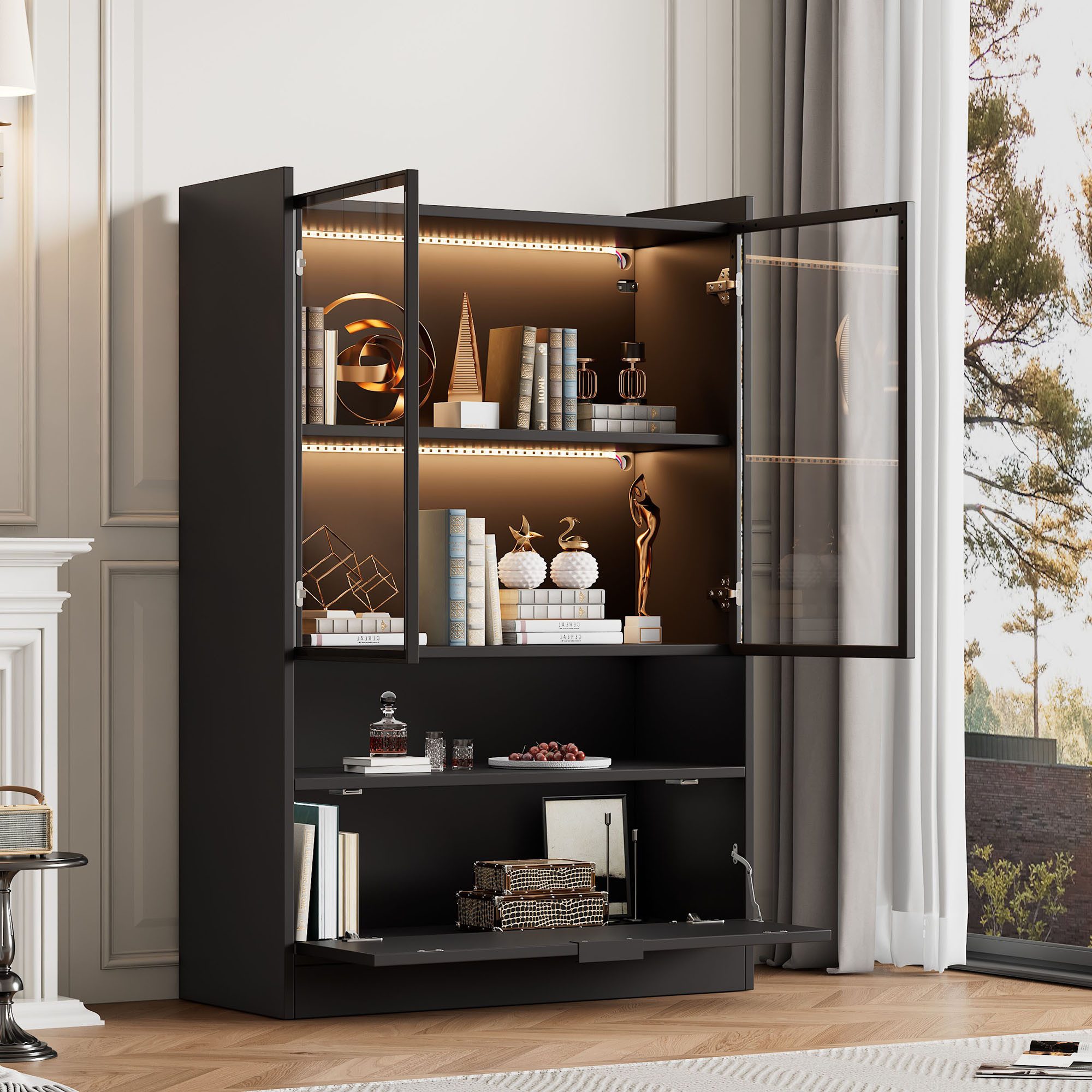 Fyrove Vitrine Moderne LED Vitrine Schwarz Matt mit app LED-Beleuchtung (Set, Glasvitrine Standvitrine mit Beleuchtung) Wohnzimmerschrank mit Glastüren und Klapptür