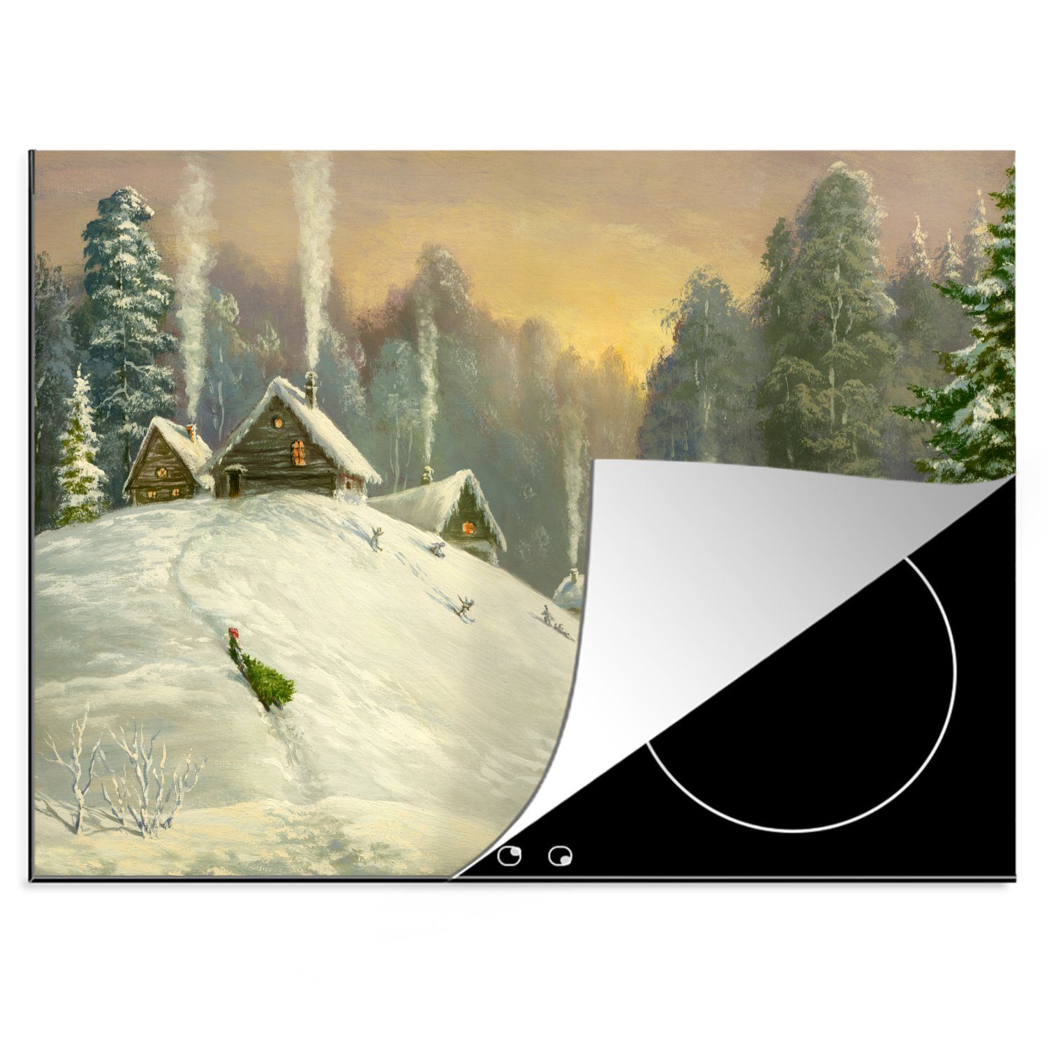 Wald, Ceranfeldabdeckung - 70x52 - MuchoWow - Vinyl, Herdblende-/Abdeckplatte Winter Haus Landschaft nutzbar, (1 tlg), Arbeitsfläche cm, Mobile